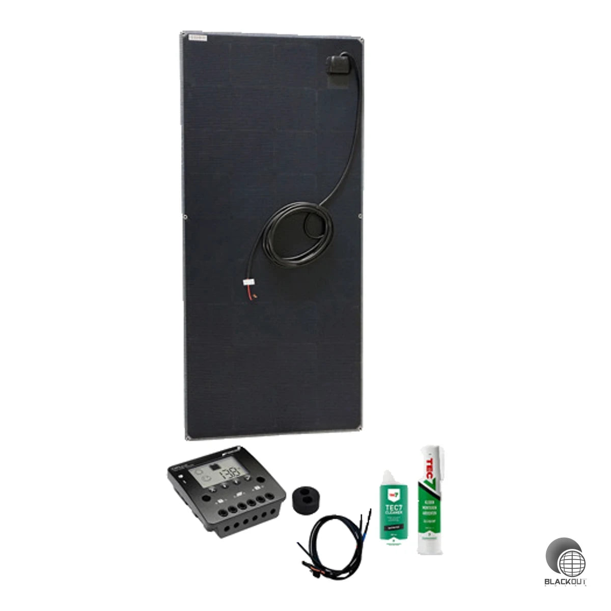 Vollständiges Solar-Komplettset mit 120W semi-flexiblem Modul, 20A-Laderegler und allem nötigen Installationsmaterial – ideal für Boote, Caravans und Wohnmobile.