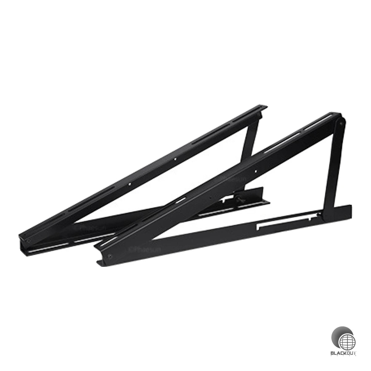 Flexibel einstellbarer Aluminium-Modulträger für ein Solarmodul von 5 bis 110 W. Geeignet für Boden- und Wandmontage mit stufenlos verstellbarem Neigungswinkel von 10° bis 80°.