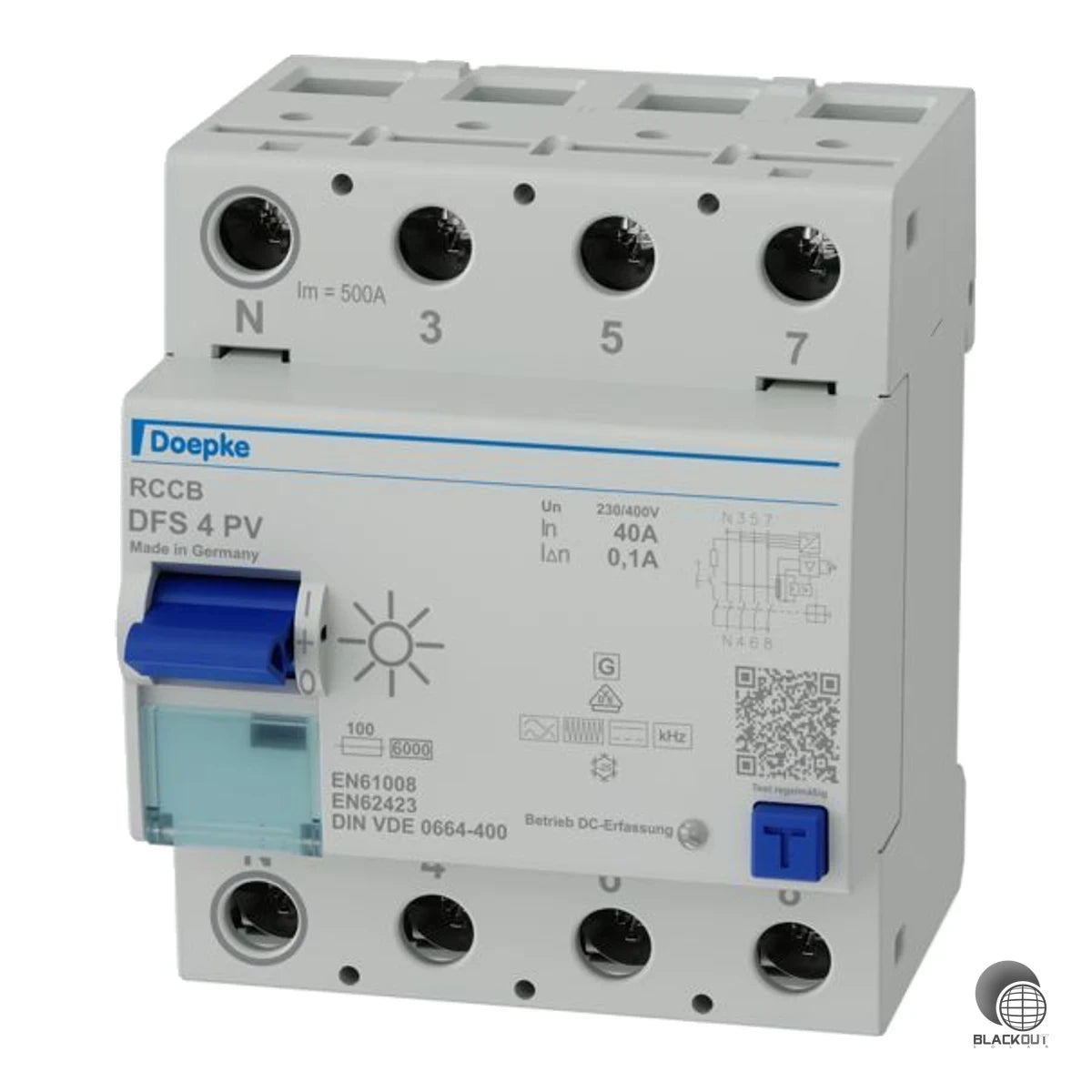 Allstromsensitiver Fehlerstromschutzschalter von Doepke, speziell für Photovoltaikanlagen entwickelt. Typ B+ mit PV-optimierter Kurzzeitverzögerung für zuverlässigen Schutz und minimale Fehlauslösungen.