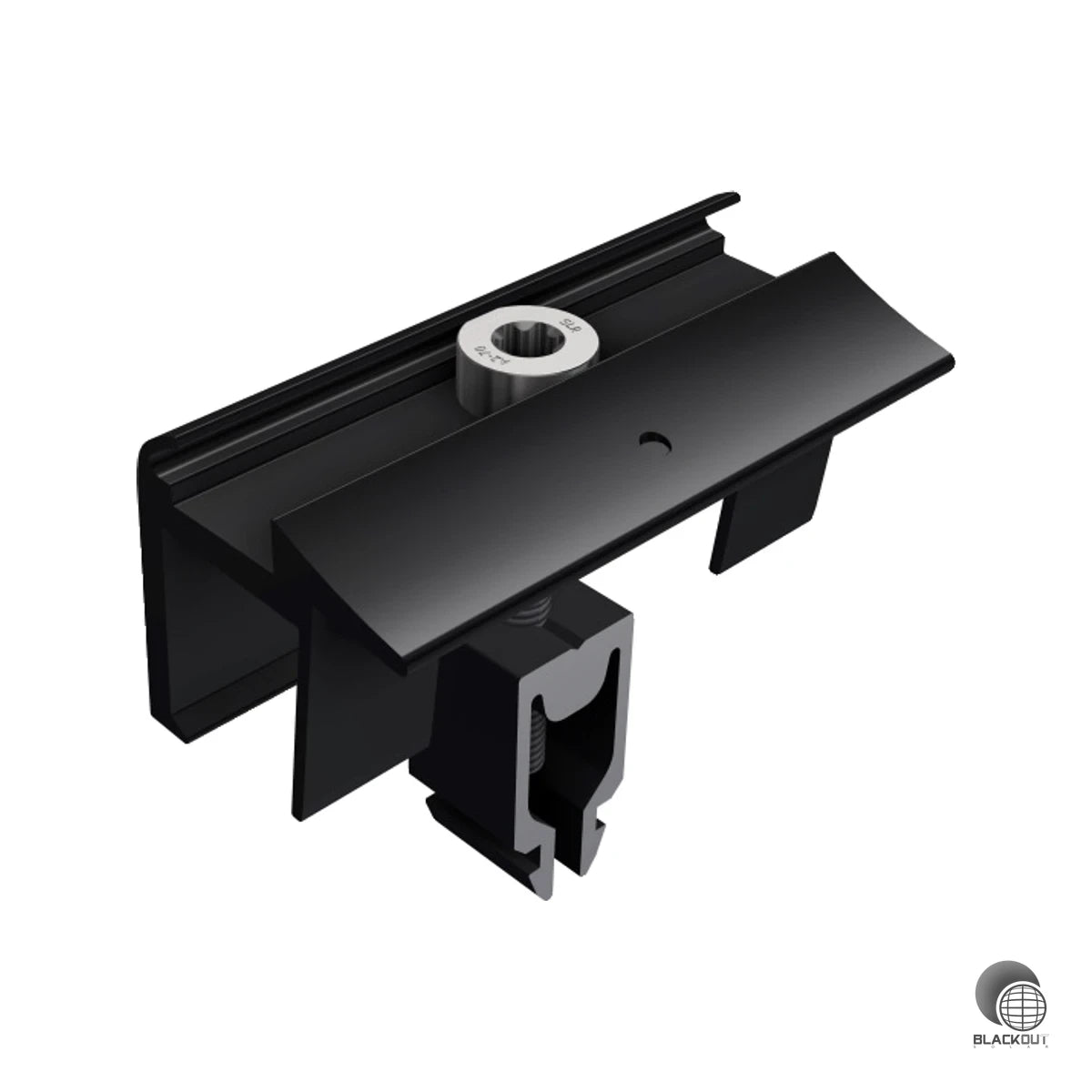 Flexible Endklemme mit integriertem Erdungspin für die sichere Modulbefestigung auf SL Rack RAIL-Schienen — passend für Modulrahmen von 28 bis 45 mm Höhe.