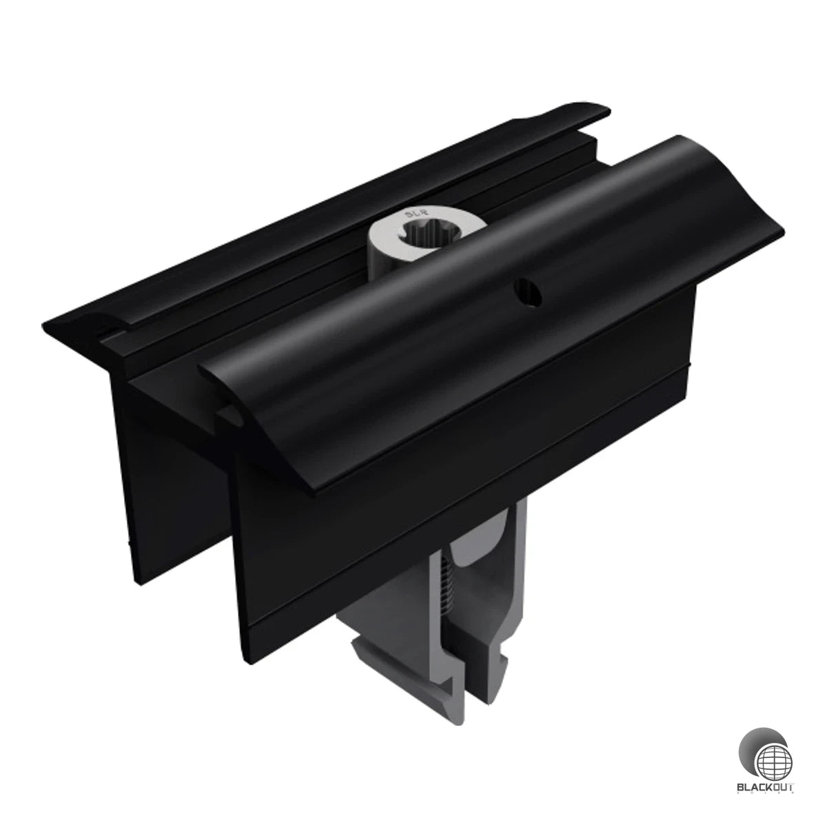 Universelle Mittelklemme für PV-Module mit Rahmenhöhen von 28 bis 45 mm. Schwarz eloxiert, werkzeugfreundlich mit Torx 40 und kompatibel mit allen RAIL-Systemen.