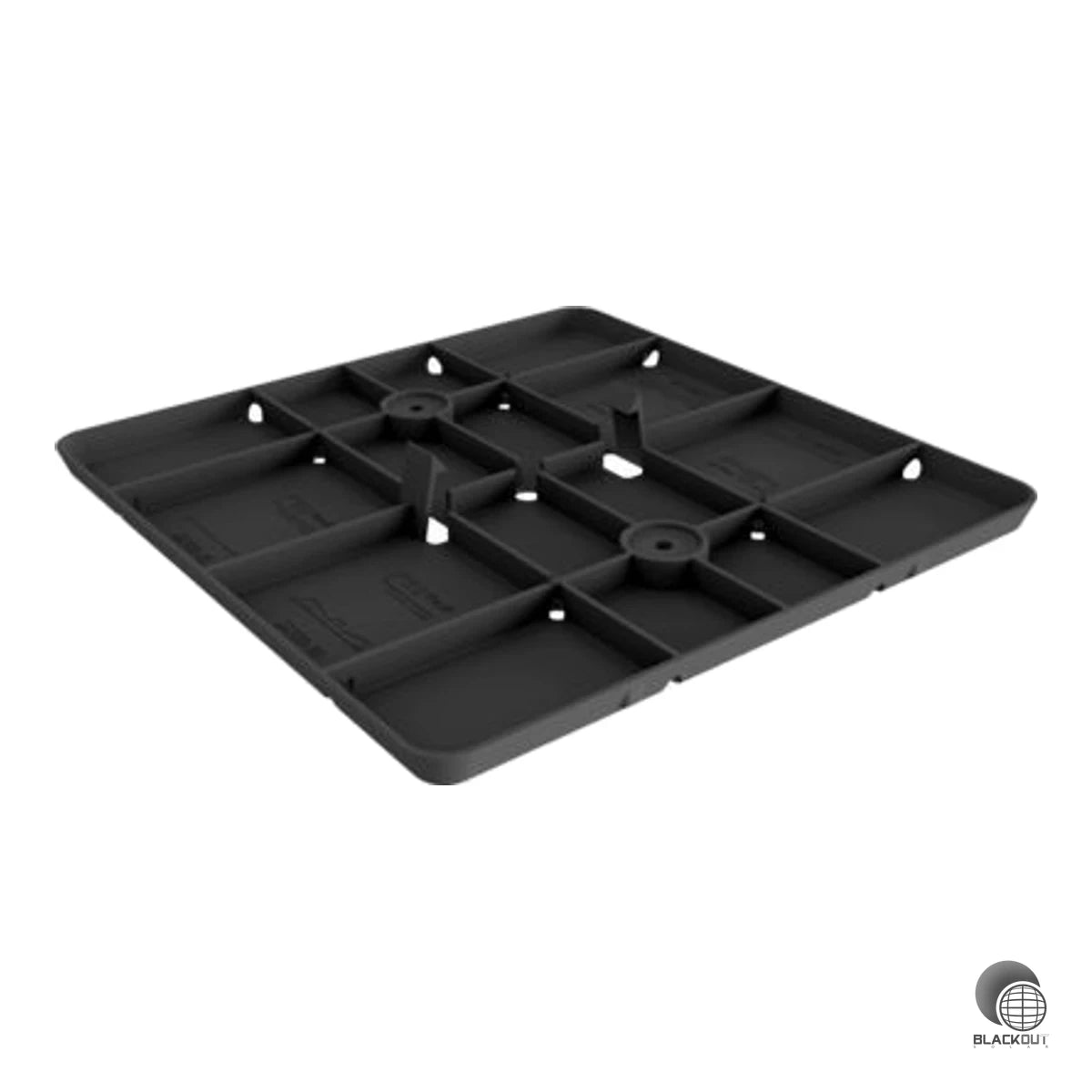 Der Kunststoff-Bodenschuh für das SL Fast Flat System verteilt die Lasten einer Flachdach-PV-Anlage schonend auf einer Auflagefläche von 200 × 200 mm — geeignet für harte oder ungedämmte Dächer bis 5° Neigung.