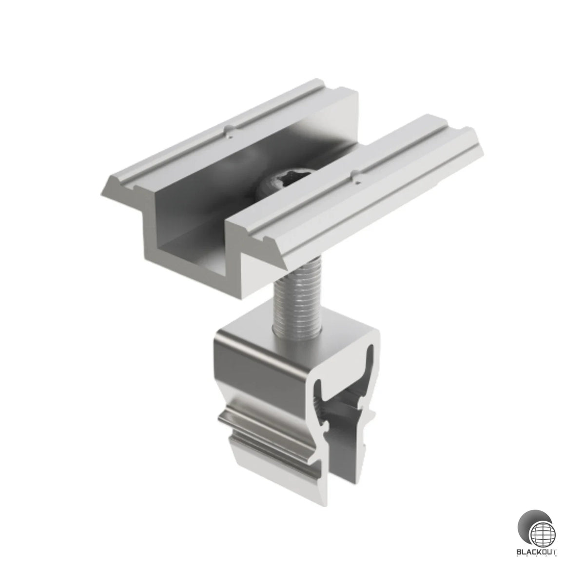 Aluminium-Mitteklemme für das PREFA PREVARIO Solarmontagesystem zur sicheren Befestigung von PV-Modulen mit Rahmendicken von 37 bis 47 mm.