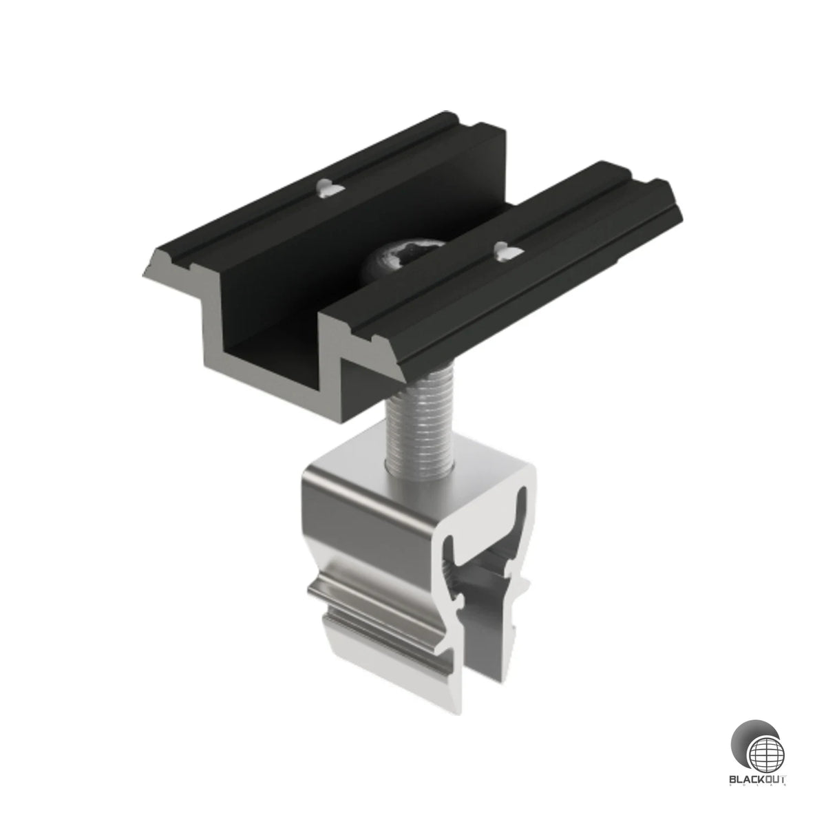 Aluminium-Mitteklemme für das PREFA PREVARIO Solarmontagesystem, passend für Modulrahmen von 37 bis 47 mm. Schwarz eloxierte Oberfläche mit integriertem Potentialausgleich über eingebaute Pins.
