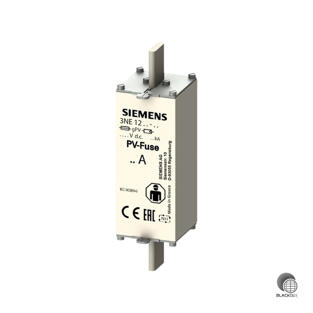 NH-Sicherungseinsatz mit Messerkontakten speziell für Photovoltaik-Anlagen — schützt PV-Module zuverlässig bei 160 A Bemessungsstrom und 1500 V DC.