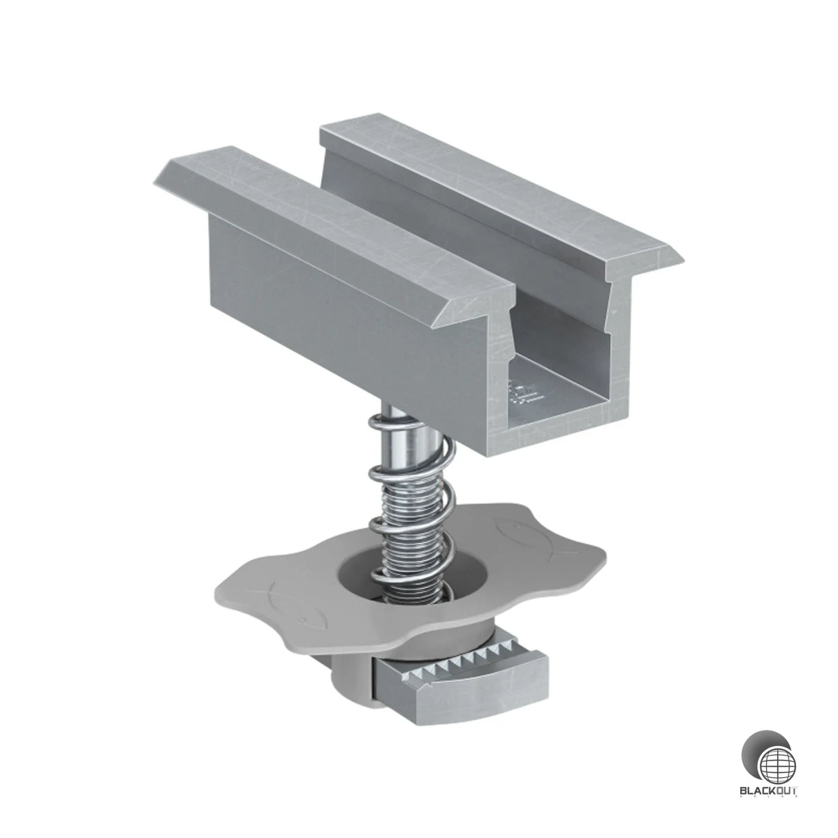 Vormontierte Mittelklemme für PV-Module mit 33–39 mm Rahmendicke. Dank Hammermutter mit Kunststoffkäfig und integrierter Feder besonders schnell und einfach auf Montageschienen zu montieren.