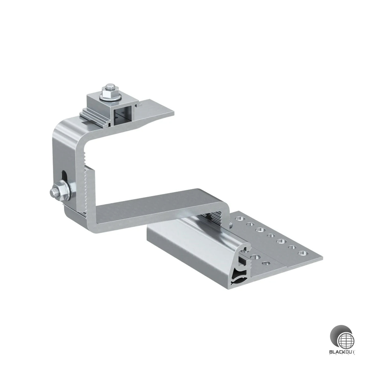 Höhenverstellbarer Aluminium-Dachhaken für die PV-Montage auf Steildächern mit variablen Ziegelstärken. Horizontale Verstellung an der Grundplatte ermöglicht exakte Anpassung an unterschiedliche Dachziegel.