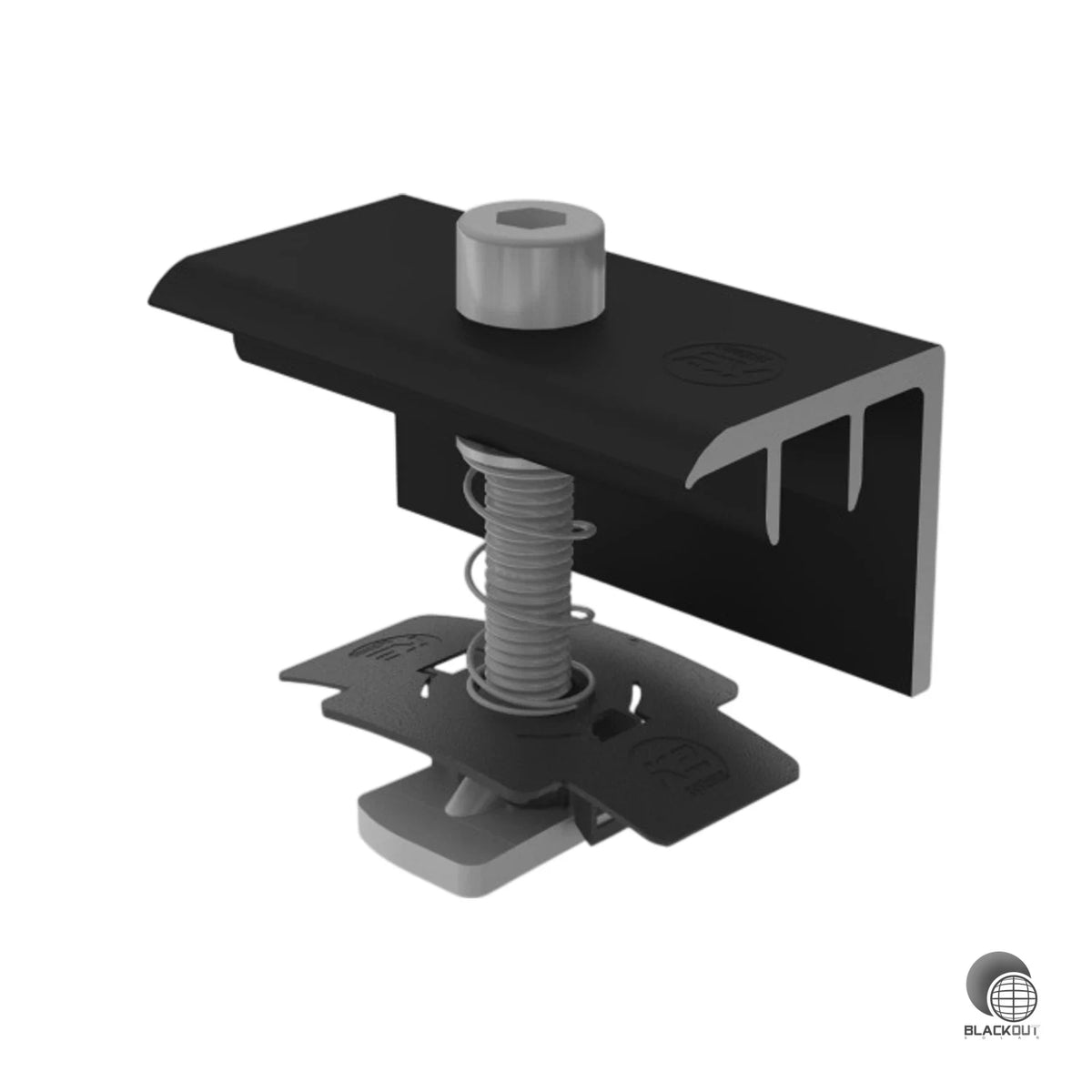 Schwarz eloxierte Aluminium-Endklemmen von K2 Systems zum sicheren Fixieren von Solarmodulen mit 35 mm Rahmenhöhe — inklusive Befestigungsmaterial.