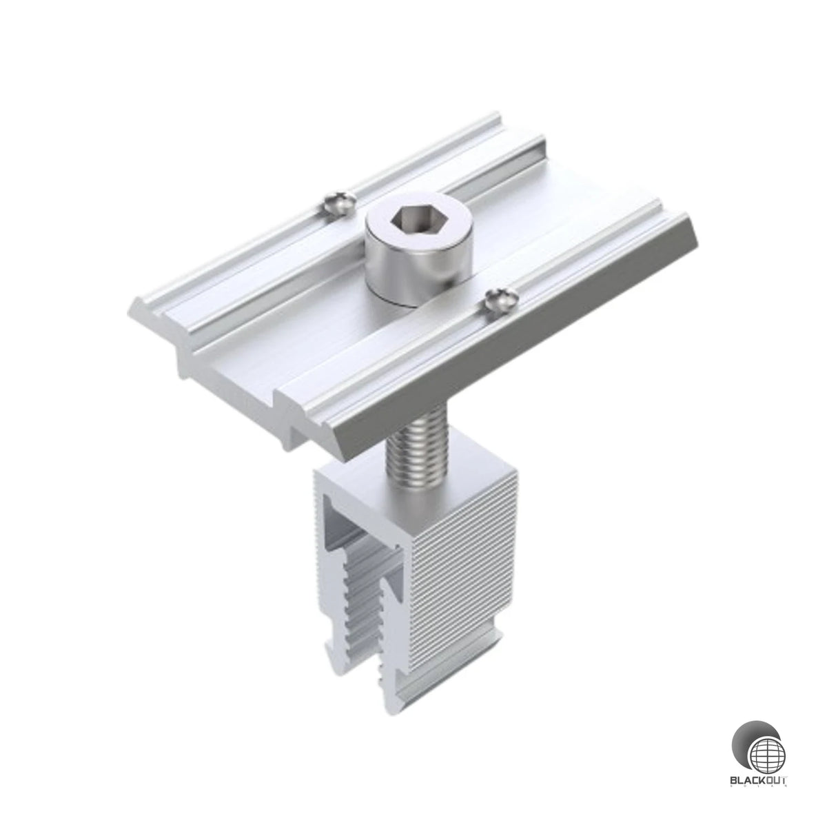 Vormontierte Modul-Mittelklemme für das Aerocompact XM-F-System mit integriertem Erdungs-Pin und Klick-Montage — passend für Modulrahmen von 30 bis 46 mm Höhe.