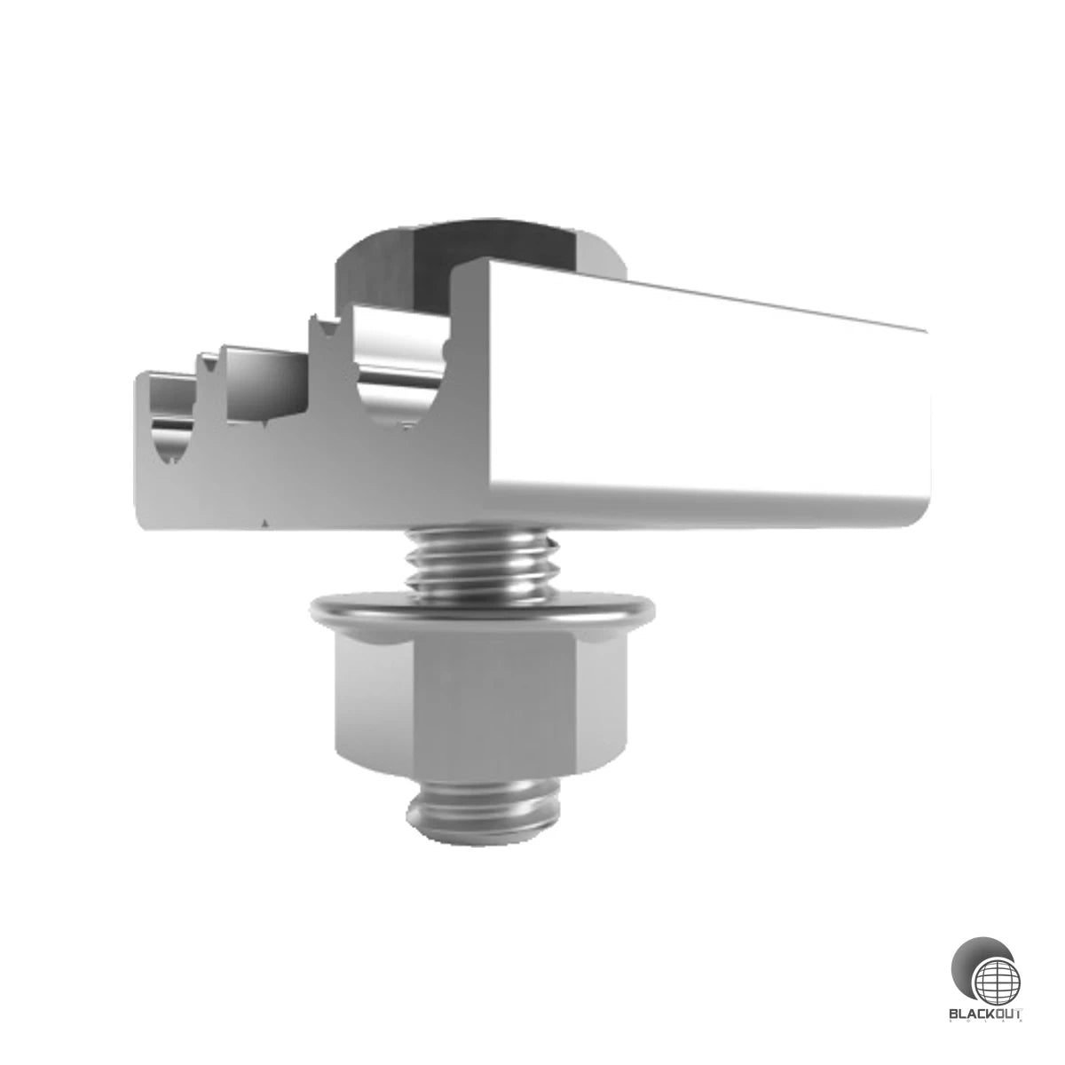 Vormontierte Blitzschutzklemme aus Aluminium für den zuverlässigen Anschluss von Blitzschutzdrähten mit 8 mm Durchmesser an PV-Montagesystemen.