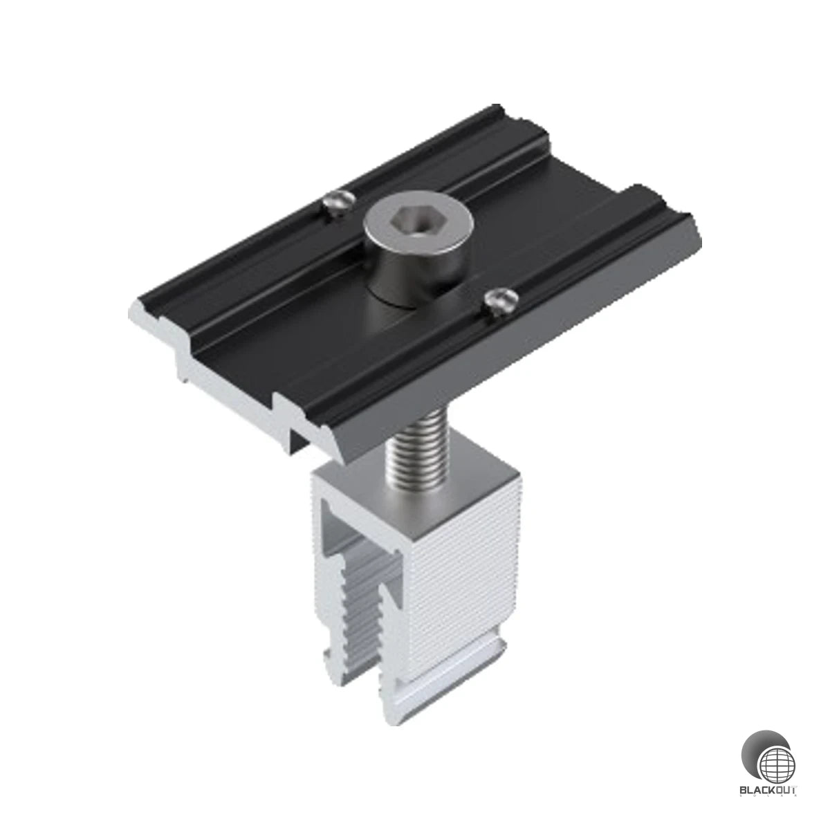 Vormontierte Modul-Mittelklemme mit Klick-Sockel für Rahmendicken von 30 bis 46 mm — schnelle, sichere Befestigung inklusive integriertem Potenzialausgleich.