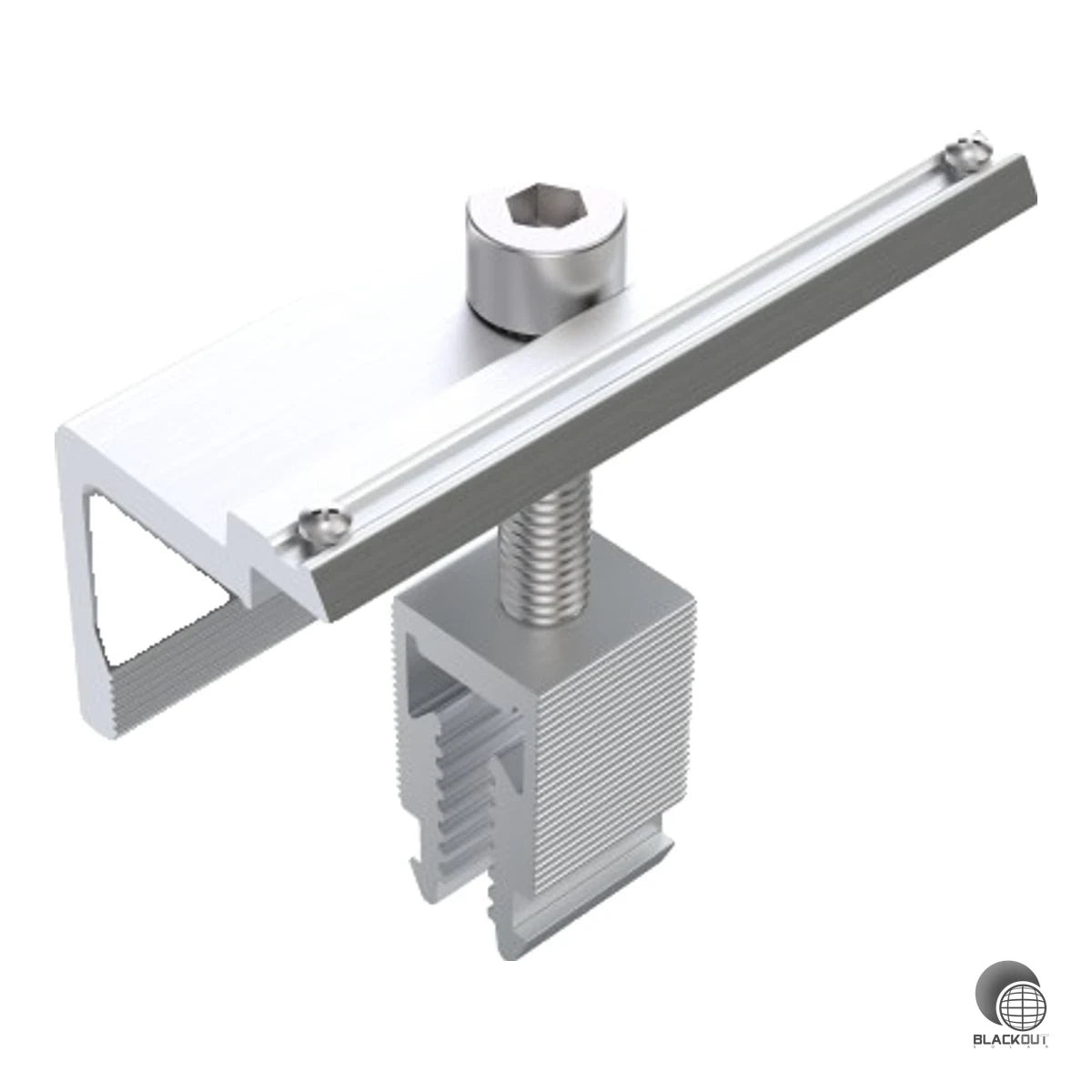 Vormontierte Modul-Endklemme mit Klick-Sockel für Rahmenhöhen von 30–46 mm. Integrierte Erdungs-Pins ermöglichen den Potenzialausgleich zwischen Rahmen und Gestell.