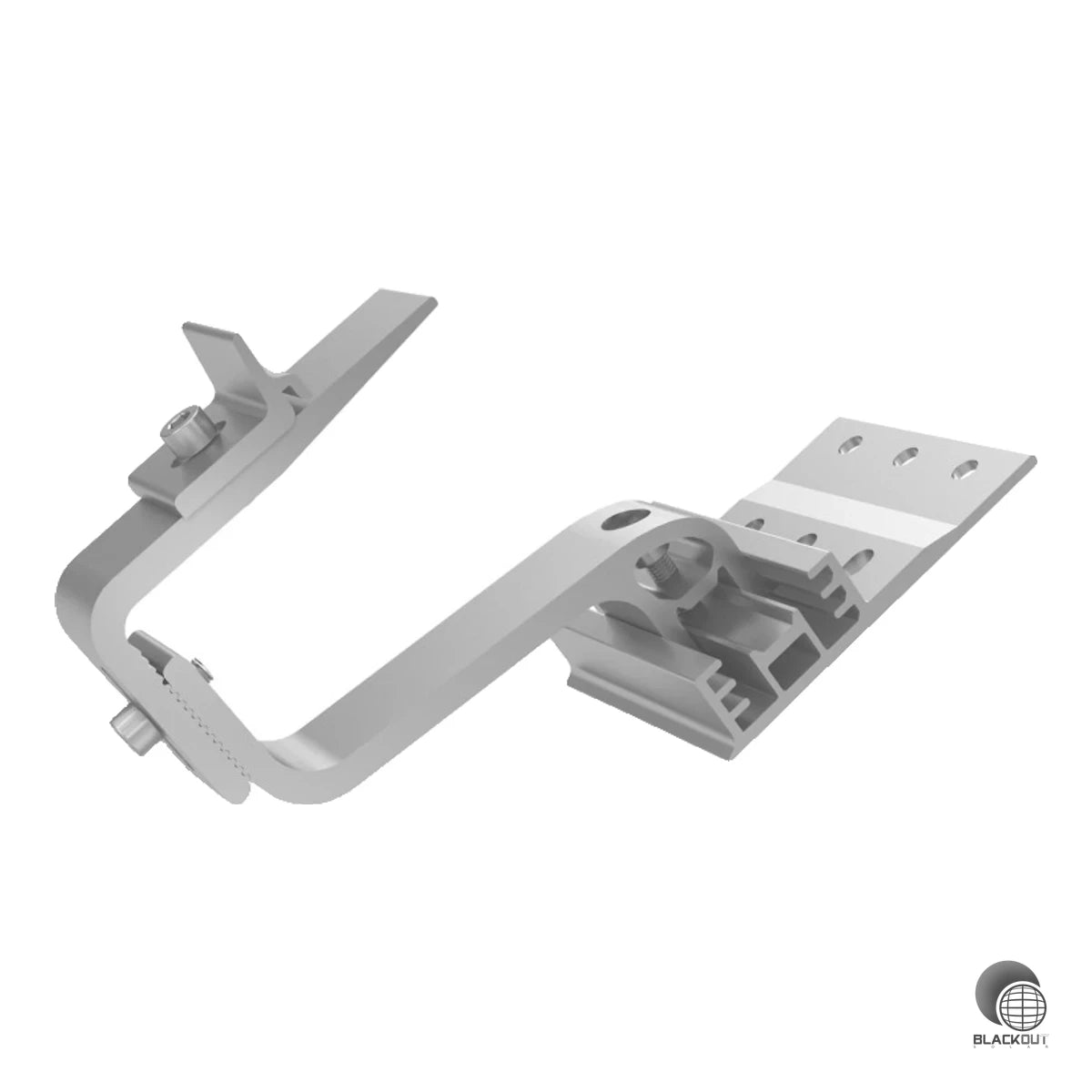 Höhenverstellbarer Dachhaken für die Befestigung von K2 SingleRail und CrossRail Montageschienen auf Dachpfannen. Mit 3-facher Grundplatten-Einstellung und 30 mm Bügelverstellung für einen Gesamteinstellbereich von 120,5–165,1 mm.