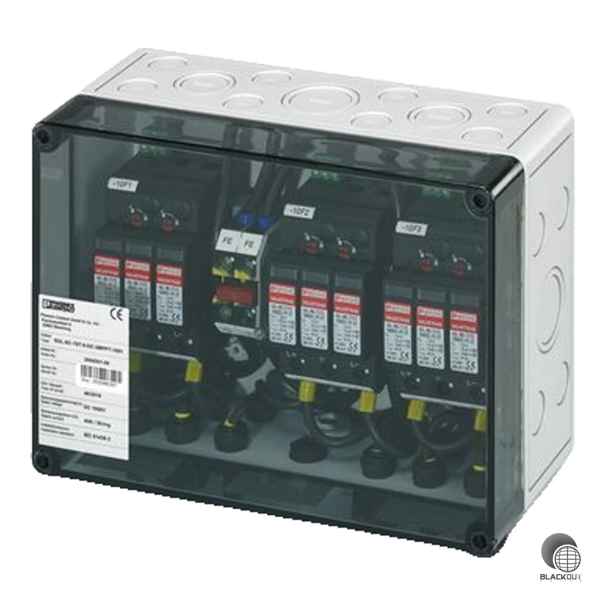 Professioneller DC-Generatoranschlusskasten von Phoenix Contact mit kombiniertem Überspannungsschutz Typ 1+2 und SUNCLIX-Leitungseinführung für PV-Stringanlagen bis 1000 V DC.