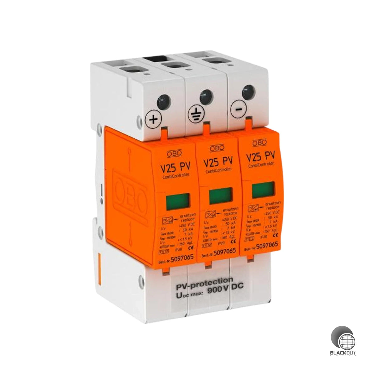 Kombinierten Typ-1+2-Überspannungsschutz für PV-Anlagen mit Blitzschutzanlage bis 900V DC — als steckbare Kompakteinheit mit optischer Anzeige für die Hutschienenmontage.