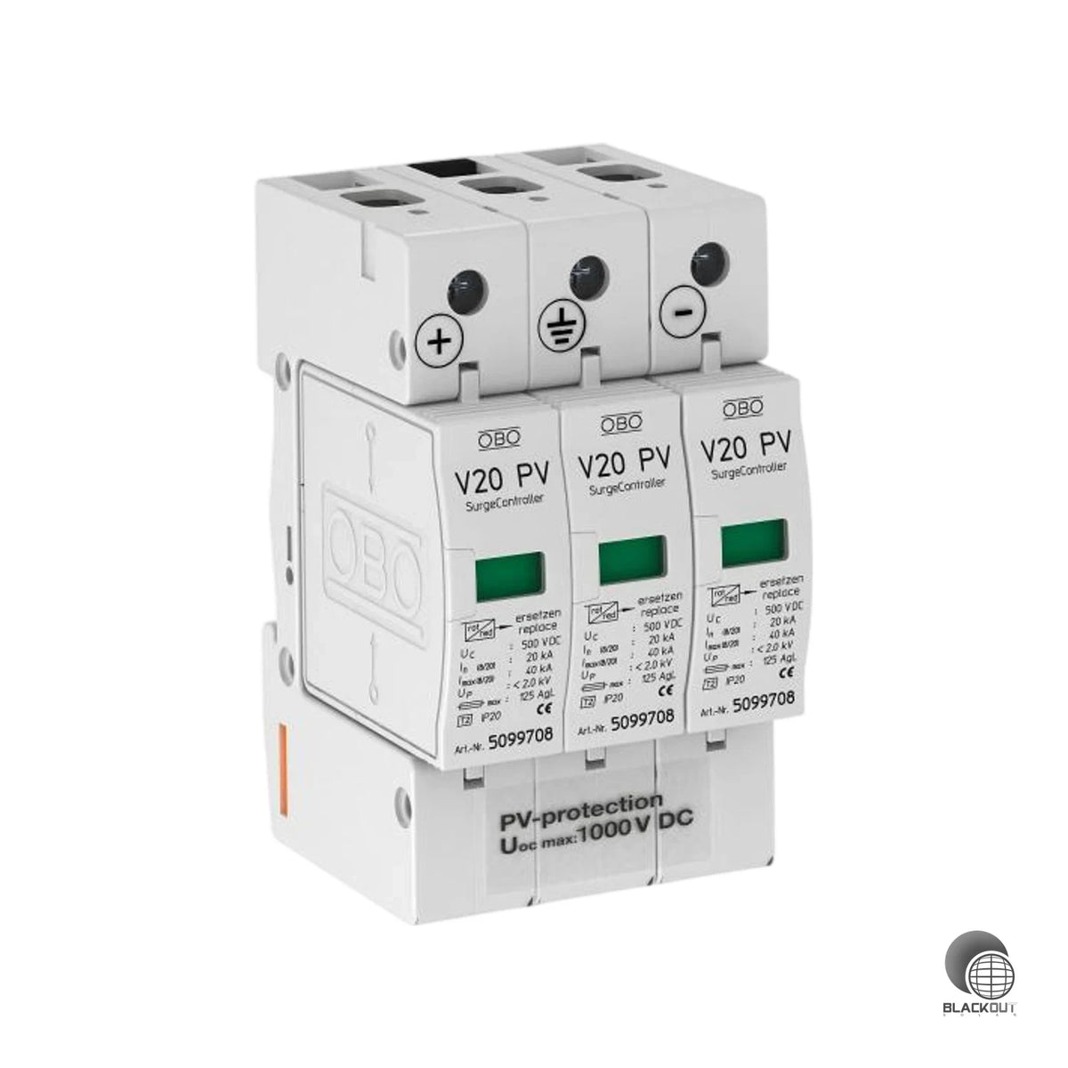 Typ-2-Überspannungsableiter für dreiphasige DC-PV-Anlagen bis 1000 V – schützt zuverlässig mit bis zu 40 kA Ableitvermögen pro Pol und ist nach EN 50539-11 (VDE/KEMA) geprüft.