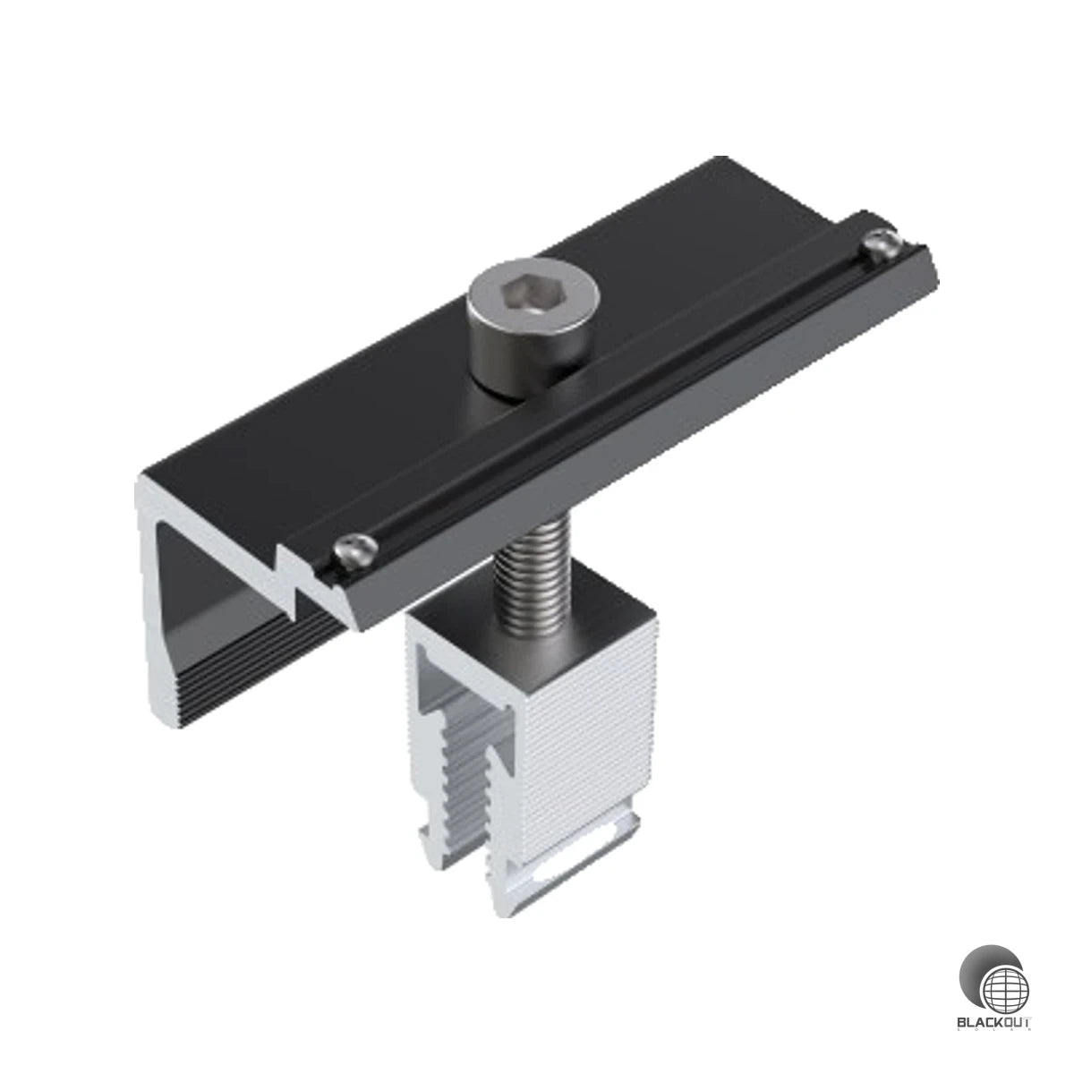 Vormontierte Modul-Endklemme mit Klick-Sockel für Rahmenhohen von 30 bis 46 mm — schnelle, werkzeugoptimierte Montage mit integriertem Potenzialausgleich.