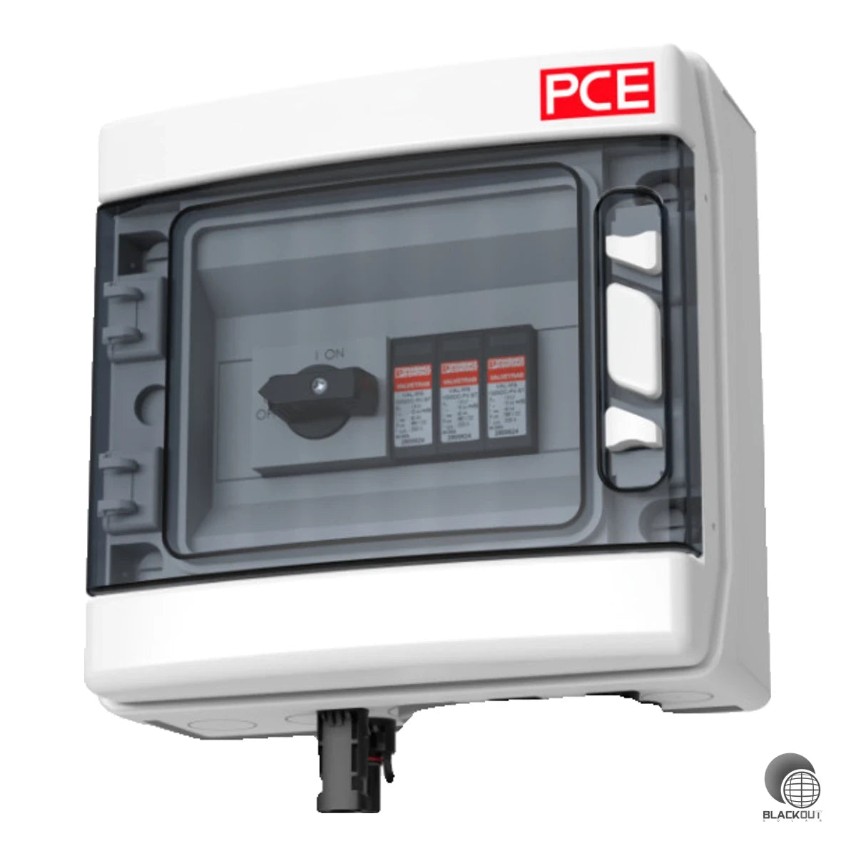 Fertig verdrahtete DC-Stringbox mit kombiniertem Blitzstrom- und Überspannungsschutz Typ 1+2 für PV-Anlagen mit 1 MPP-Tracker und bis zu 2 Strings bei max. 1000 V DC.
