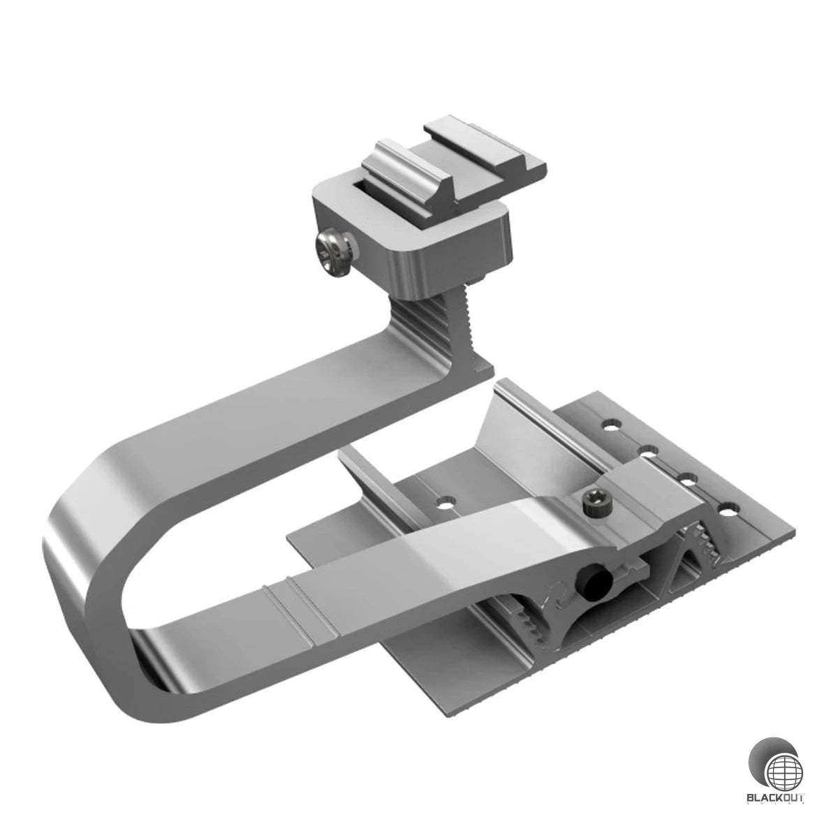 Dreidimensional verstellbarer Aluminium-Dachhaken für die PV-Montage auf Ziegeldächern — passend für Fußhöhen von 44 bis 64 mm, ohne Unterlegplatten.