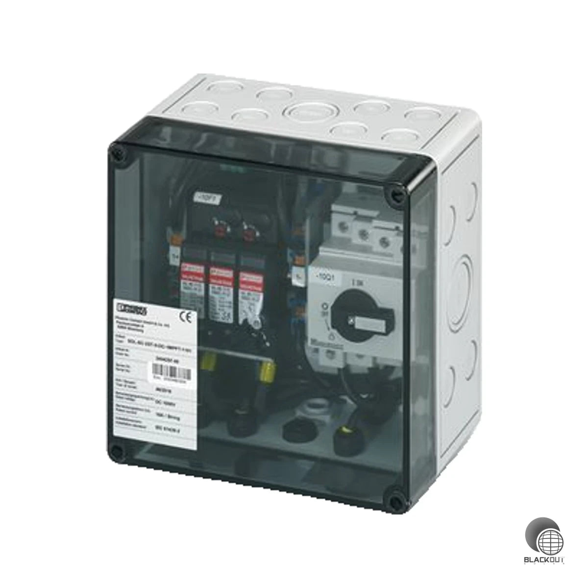 Kompakter Generatoranschlusskasten für PV-Anlagen mit bis zu 2 Strings, integriertem Überspannungsschutz Typ 1/2 und DC-Lasttrennschalter — alles in einem Gehäuse.