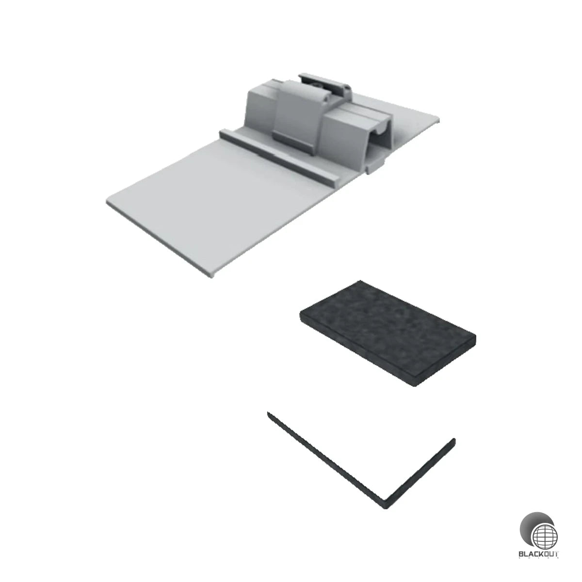 Aluminium-Bodenschuh mit Bautenschutzmatte für die sichere und materialschonende Montage von Flachdach-PV-Anlagen bis 5° Neigung — schützt das Dach und verteilt Lasten zuverlässig.