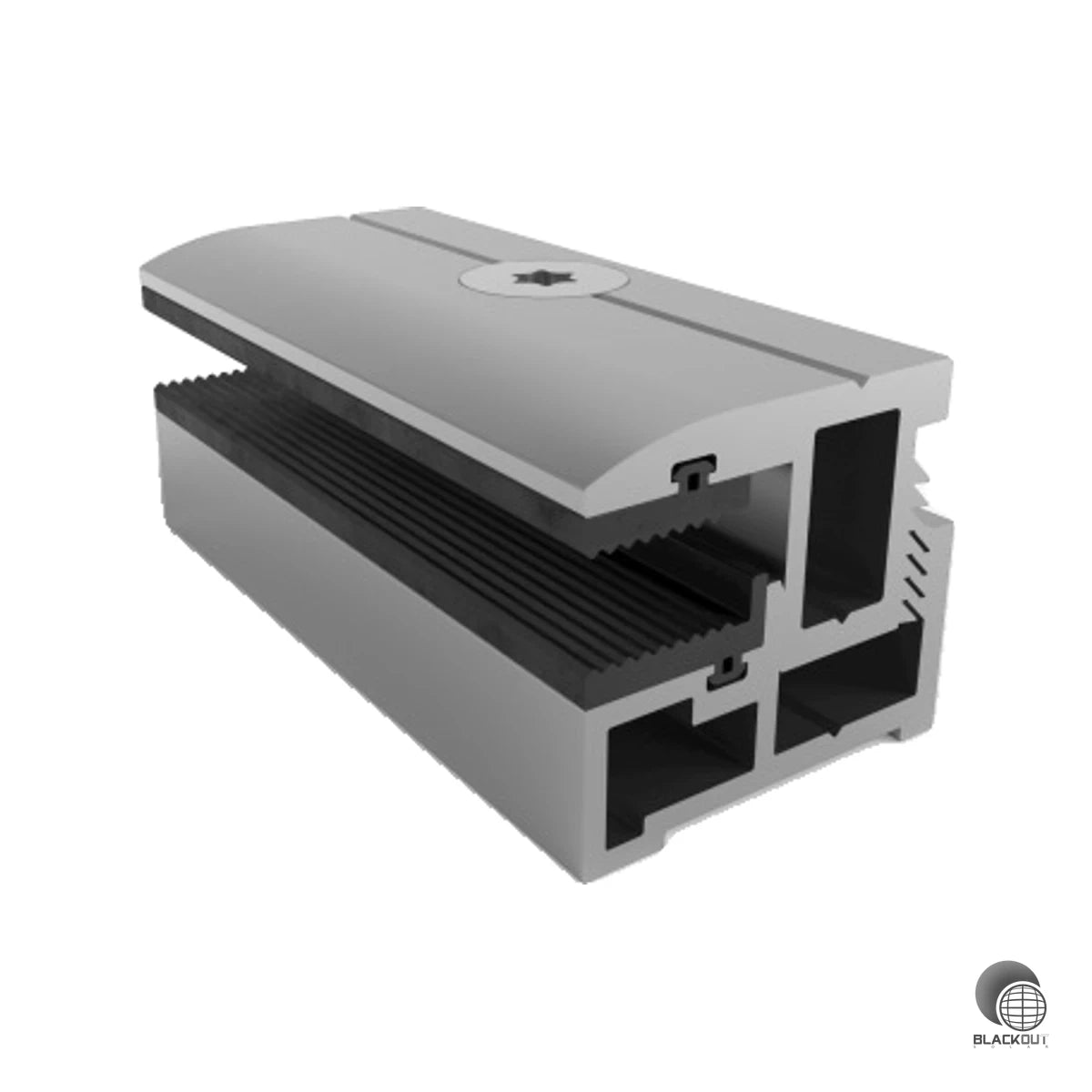 Zuverlässige Aluminium-Endklemme von Schletter für die Randmontage von Laminatmodulen mit 3–8 mm Stärke — inklusive Senkkopfschraube und Vierkantmutter.