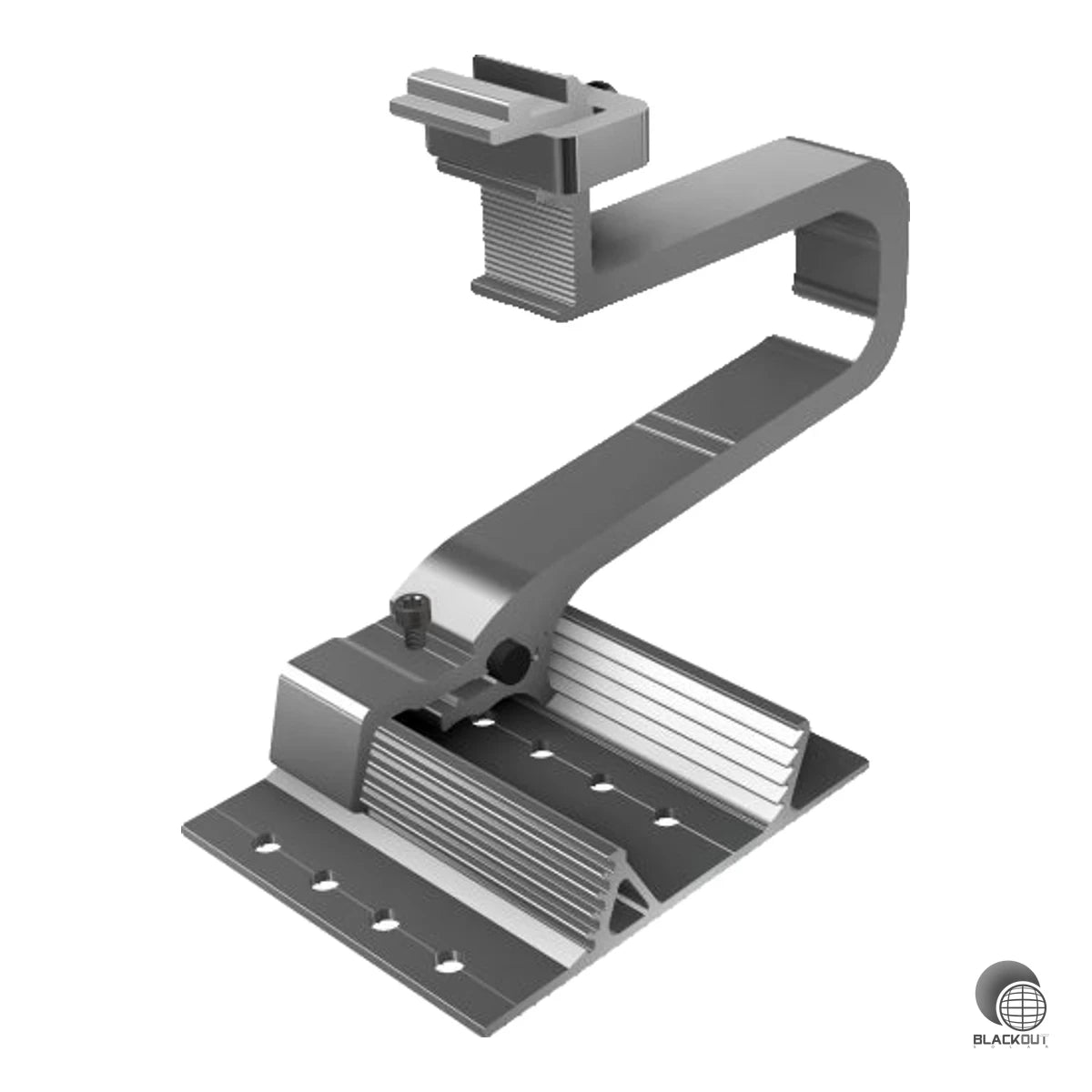 Aluminium-Dachhaken mit dreidimensionaler Verstellbarkeit für die Montage von PV-Schienen auf Ziegeldächern. Höhenverstellung des Fußes von 44 bis 64 mm – ohne Unterlegplatten, mit nur einem Werkzeug (Torx 40).