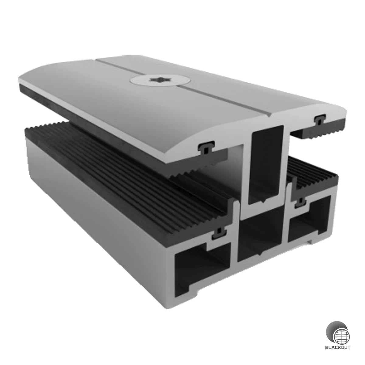 Professionelle Aluminium-Mittelklemme von Schletter für Laminatmodule mit einer Stärke von 3–8 mm, inkl. Senkkopfschraube und Vierkantmutter — montagefertig aus der Hand.