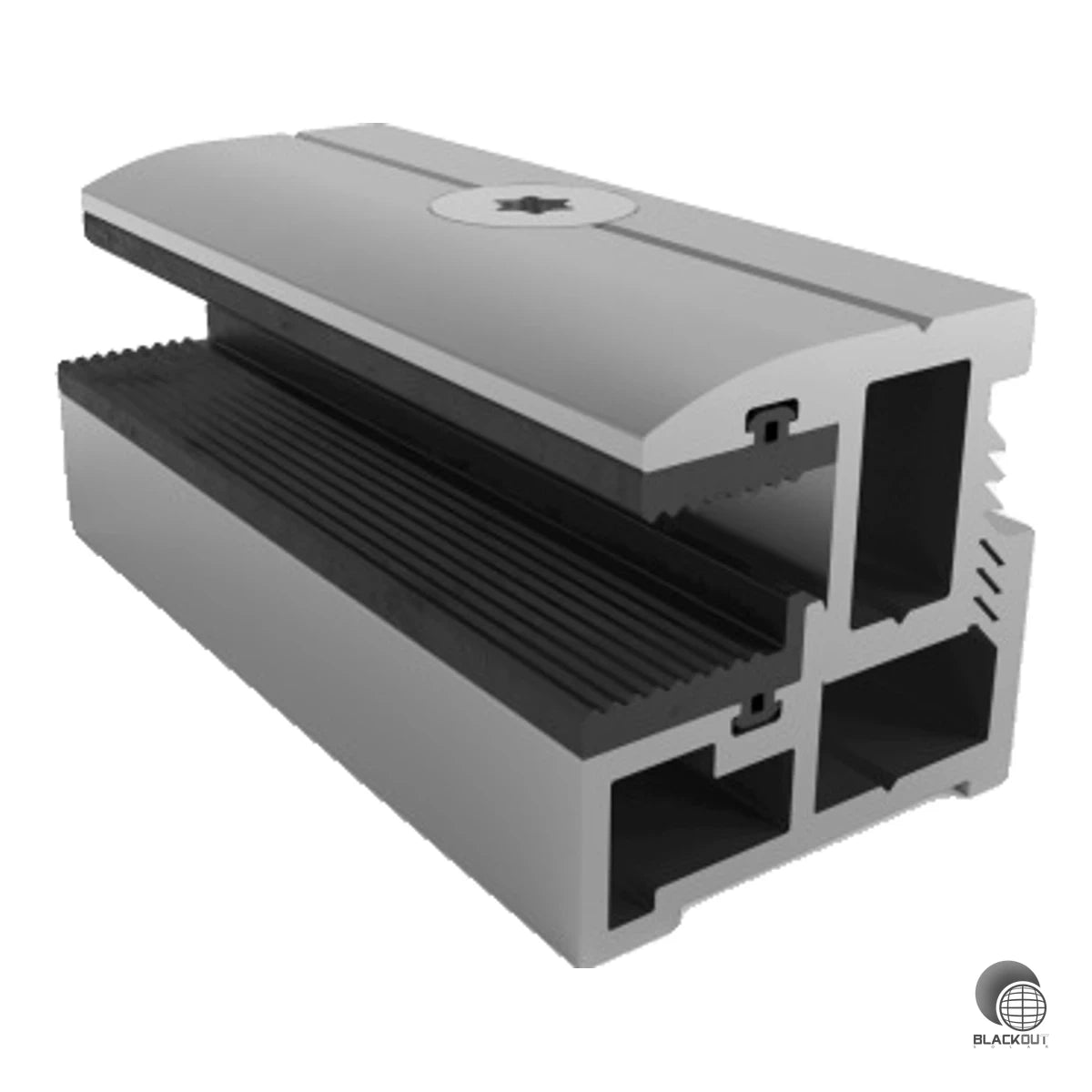 Aluminium-Endklemme von Schletter für die Laminatmontage – passend für Modulstärken von 3 bis 8 mm, inkl. Senkkopfschraube und Vierkantmutter.
