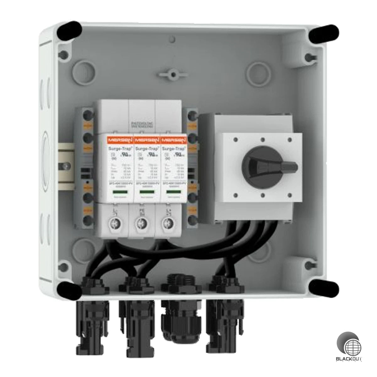 Vorinstallierter Generatoranschlusskasten mit Typ 1+2 Überspannungsschutz für PV-Anlagen bis 1000 VDC. Mit DC-Lasttrennschalter, MC4-Steckern und IP65-Gehäuse – ideal für Dachinstallationen mit 1 MPPT und 2 Strings.