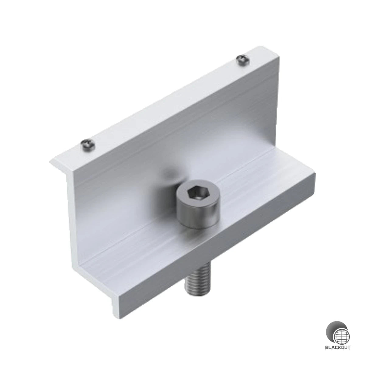 Vormontierte Aluminium-Endklemme für Freilandmontage-Systeme mit 35 mm Modulrahmen — inkl. Erdungs-Pins für direkten Potenzialausgleich.