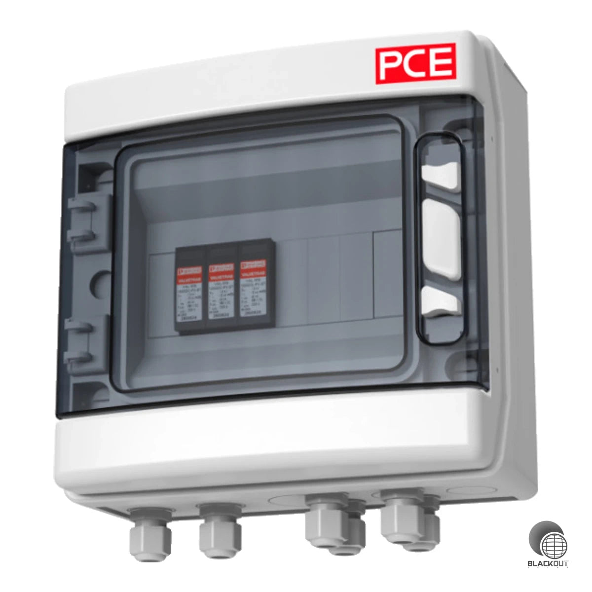 Kompakte DC-Stringbox mit integriertem Überspannungsschutz Typ 2 für PV-Anlagen mit einem MPP-Tracker und bis zu 1000 V DC Systemspannung. Montage- und anschlussfertig mit 6 Kabelverschraubungen M16 und Erdungsanschluss.
