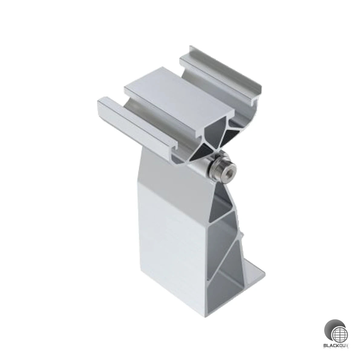 Stabiler Hinterfuß für die Querformat-Aufständerung von Solarmodulen auf Flachdächern mit einem fixen Neigungswinkel von 5°. Gefertigt aus korrosionsbeständigem Aluminium und rostfreiem Stahl mit EPDM-Auflage.