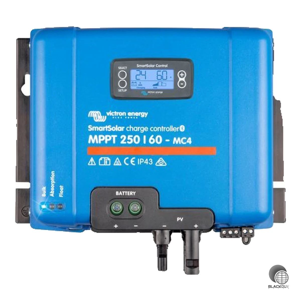 MPPT-Solarladeregler mit bis zu 250V PV-Eingangsspannung, 60A Ladestrom und integrierten MC4-Anschlüssen. Eingebautes Bluetooth ermöglicht komfortable Überwachung und Konfiguration per VictronConnect App.