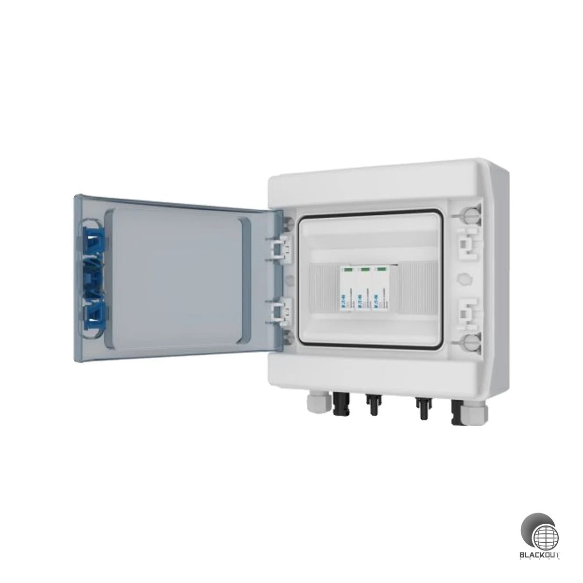 Werkseitig montierte DC-Stringbox von Eaton mit integriertem PV-Überspannungsschutz Typ 1+2 und MC4-Anschlüssen — ideal für Wechselrichter mit einem MPP-Tracker.