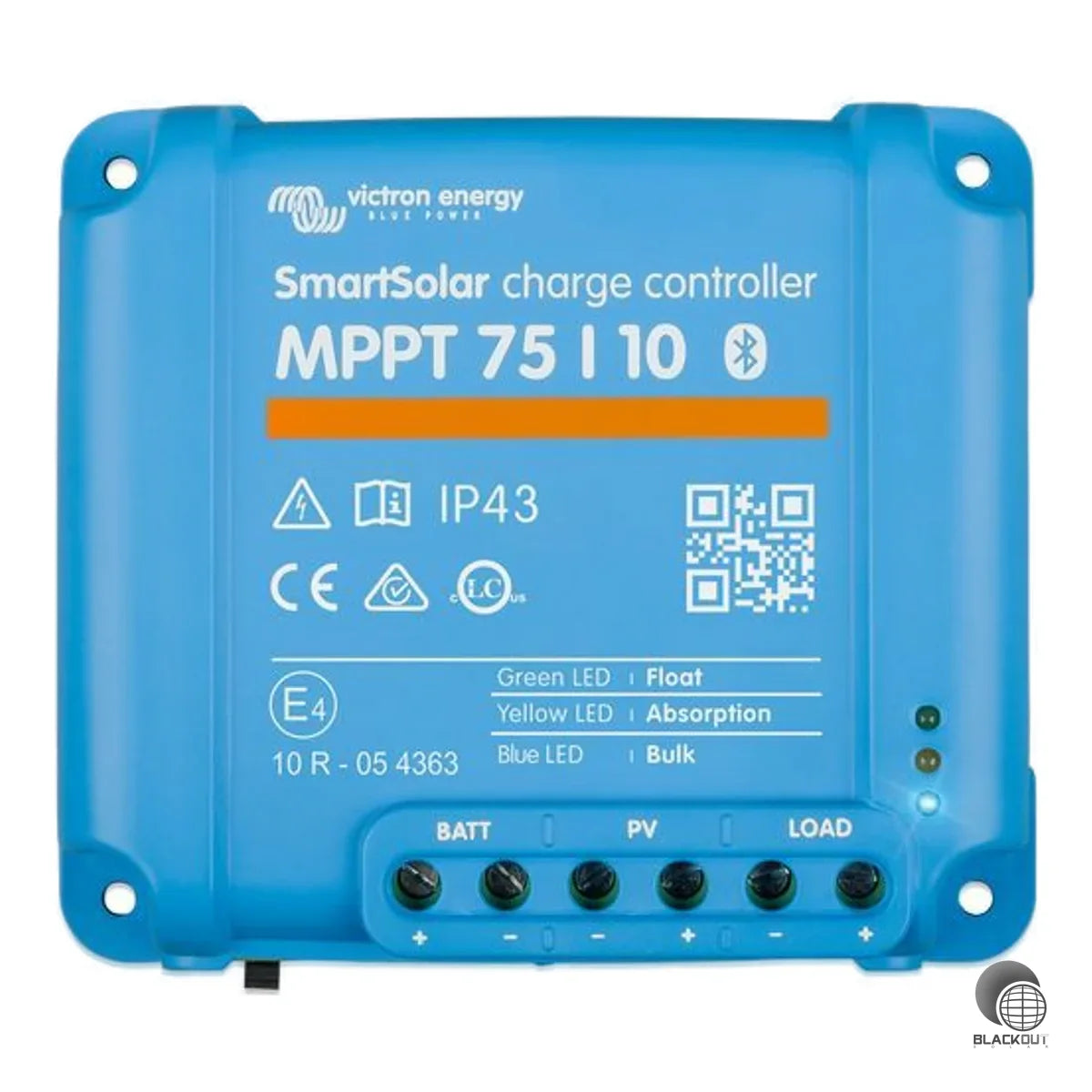 MPPT-Solarladeregler von Victron Energy mit 10 A Ladestrom für 12/24-V-Systeme und bis zu 75 V Leerlaufspannung. Kompakt, effizient und per Bluetooth konfigurierbar.