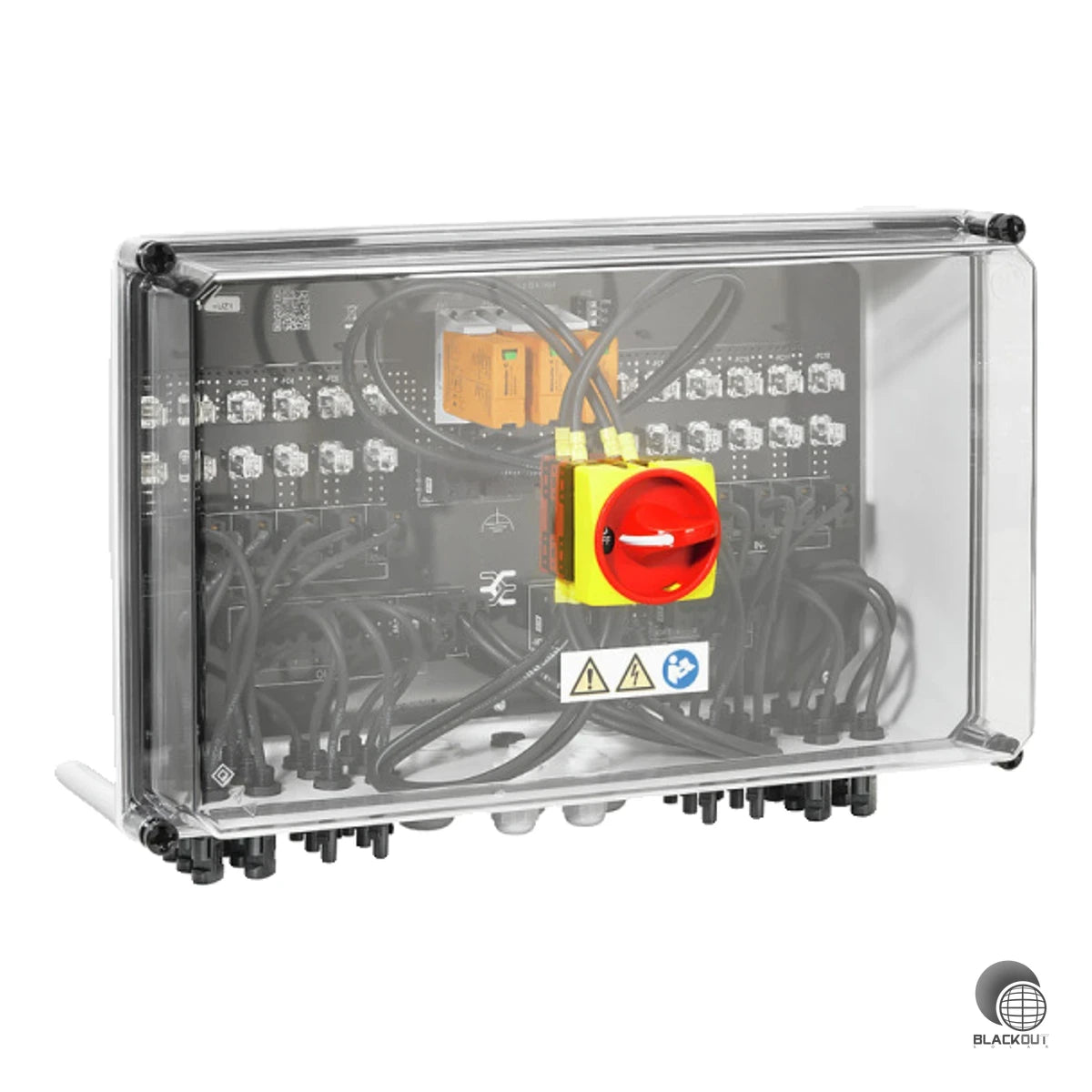 Generatoranschlusskasten von Weidmüller zum Schutz der DC-Seite von Photovoltaikanlagen mit 1 MPP-Tracker, 6 String-Eingängen und kombiniertem Überspannungsschutz Typ I/II sowie integriertem Lasttrennschalter.