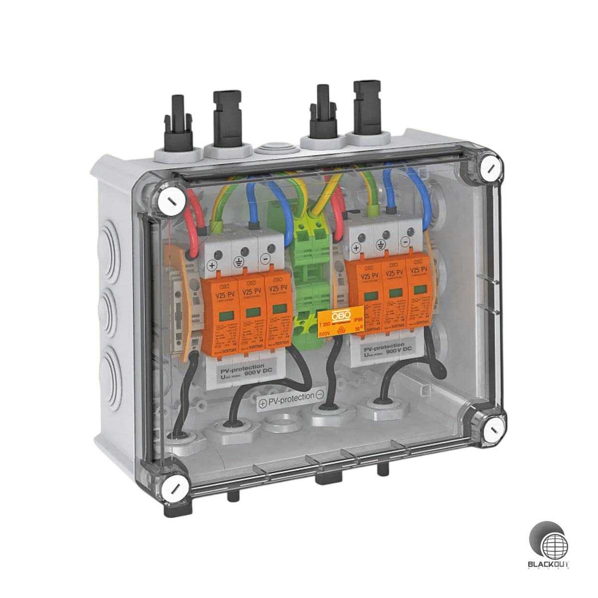 Kompakte DC-Stringbox mit Typ 1+2 Blitzschutz und MC4-Anschluss für PV-Wechselrichter mit zwei separaten MPP-Trackern — vormontiert und sofort einsatzbereit.