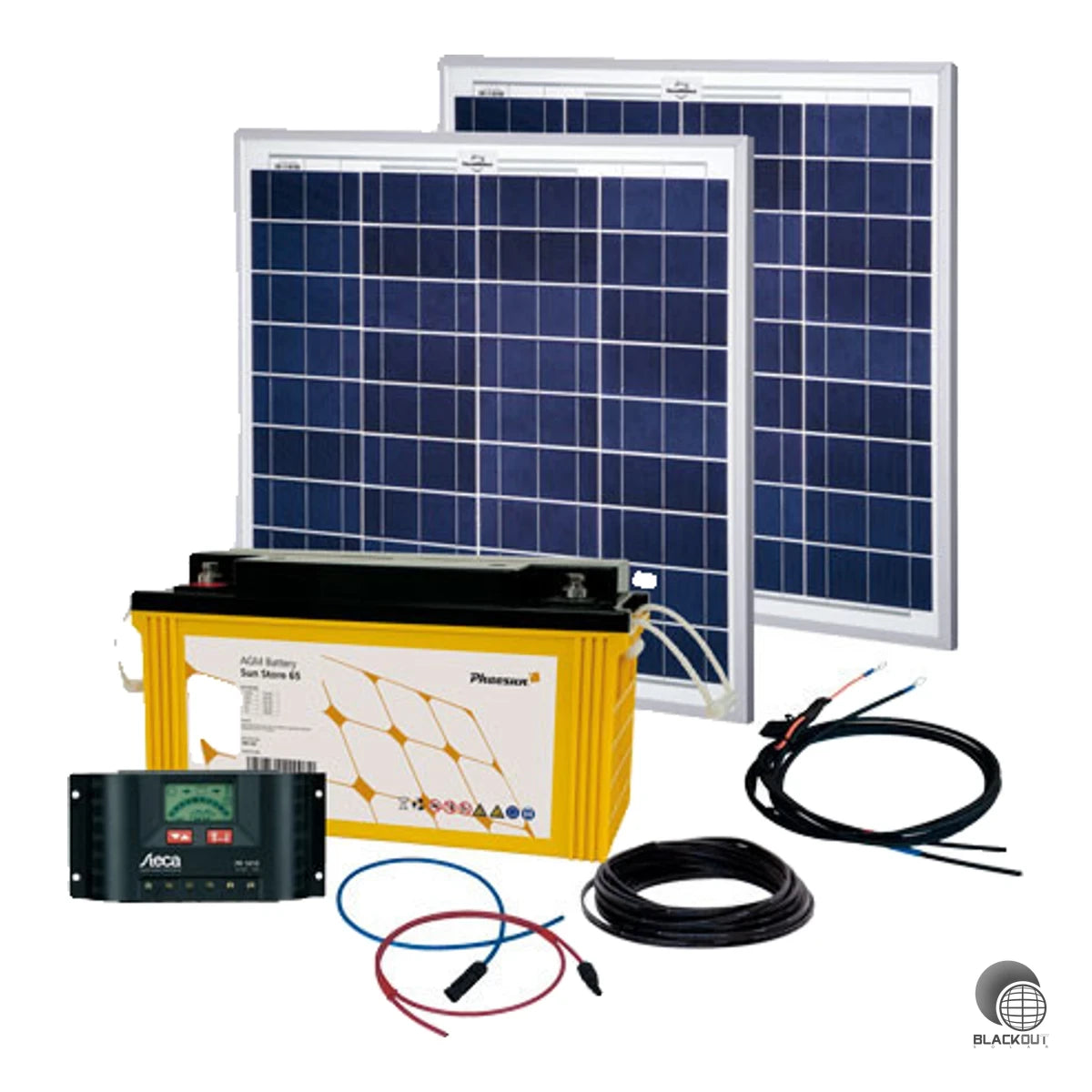 Komplett ausgestattetes netzunabhängiges Solarsystem mit 100W Modulleistung und 175Ah AGM-Batterie für die zuverlässige Versorgung von 12V-Verbrauchern – ideal für Gartenhaus, Ferienhaus oder Garage.