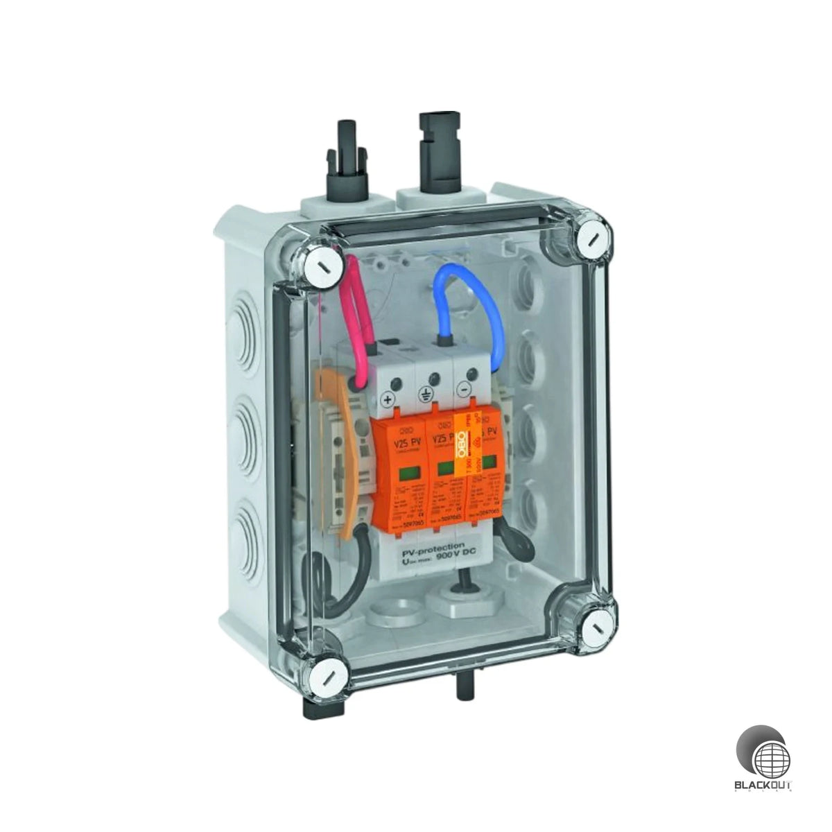 Kompakte DC-Stringbox mit kombiniertem Typ-1+2-Blitzschutzableiter und MC4-Anschluss für PV-Anlagen mit einem MPP-Tracker — serienmäßig vormontiert und einsatzbereit.