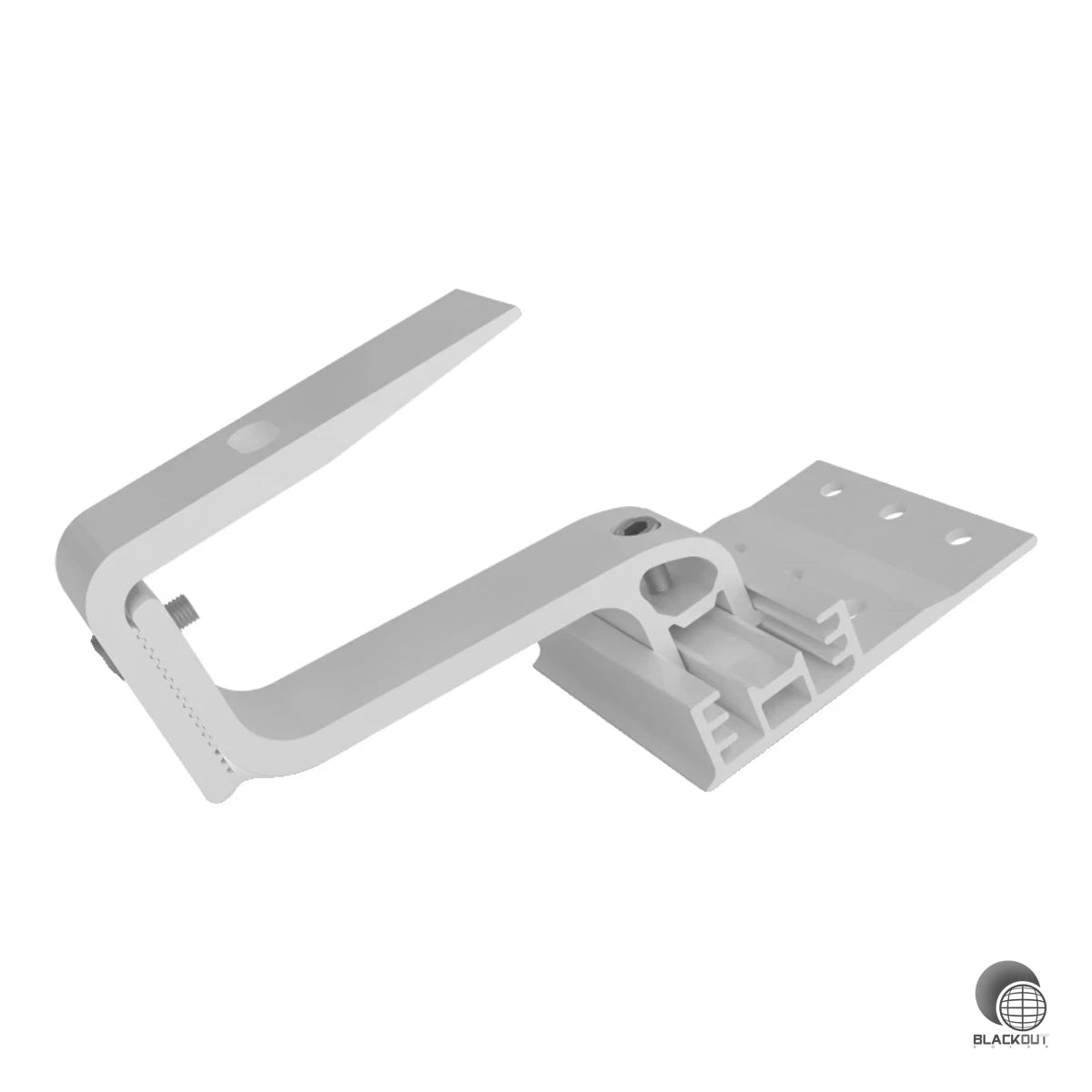 Einstellbarer Aluminium-Dachhaken für Pfannendächer mit drei Höhenstufen (40/47/54 mm) in der Grundplatte und 30 mm Bügel-Verstellbarkeit für eine präzise und sichere Schrägdachmontage.