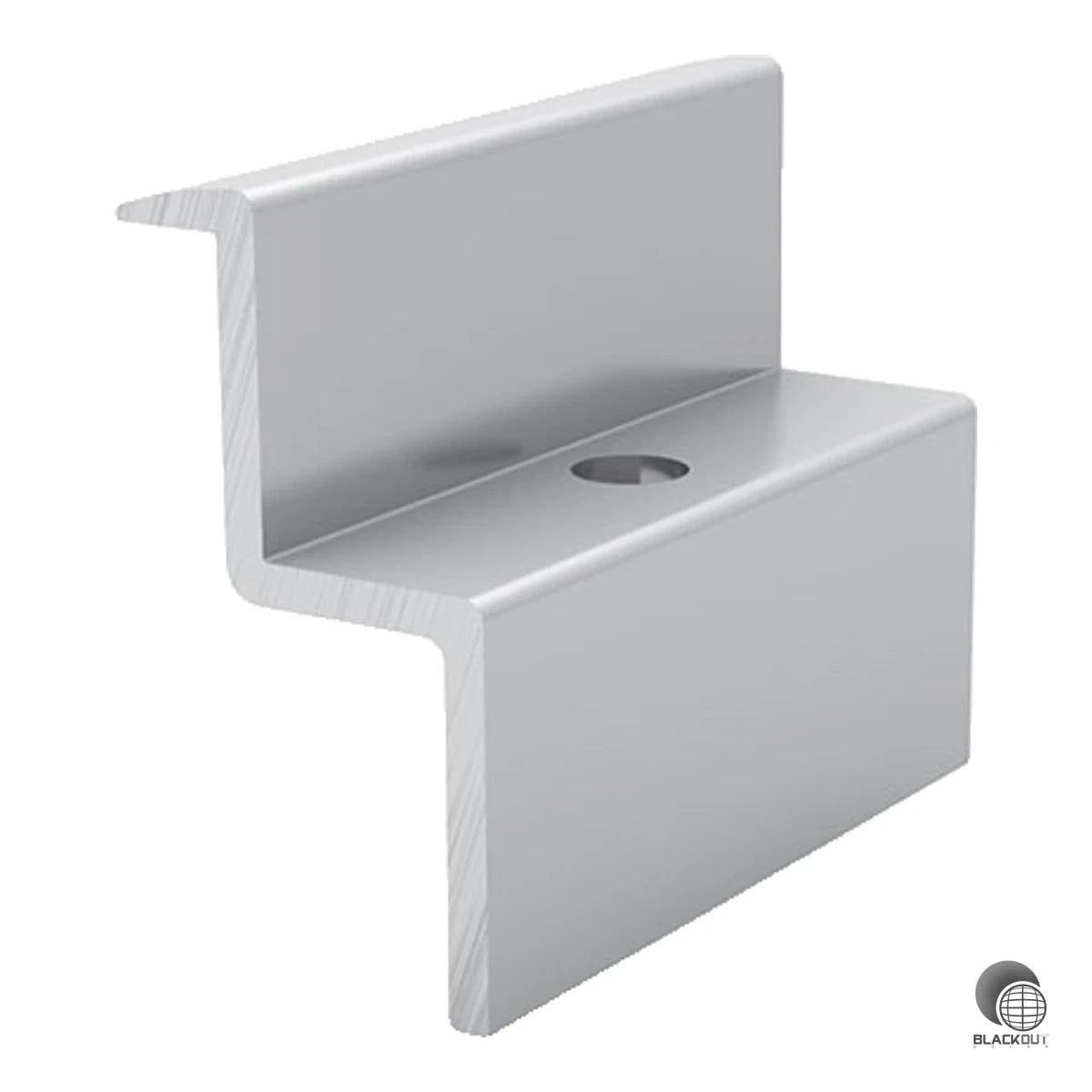 Aluminium-Endklemme von K2 Systems zur sicheren Fixierung von Solarmodulen mit 34–36 mm Rahmenhöhe am Rand der Modulreihe auf K2 Montageschienen.