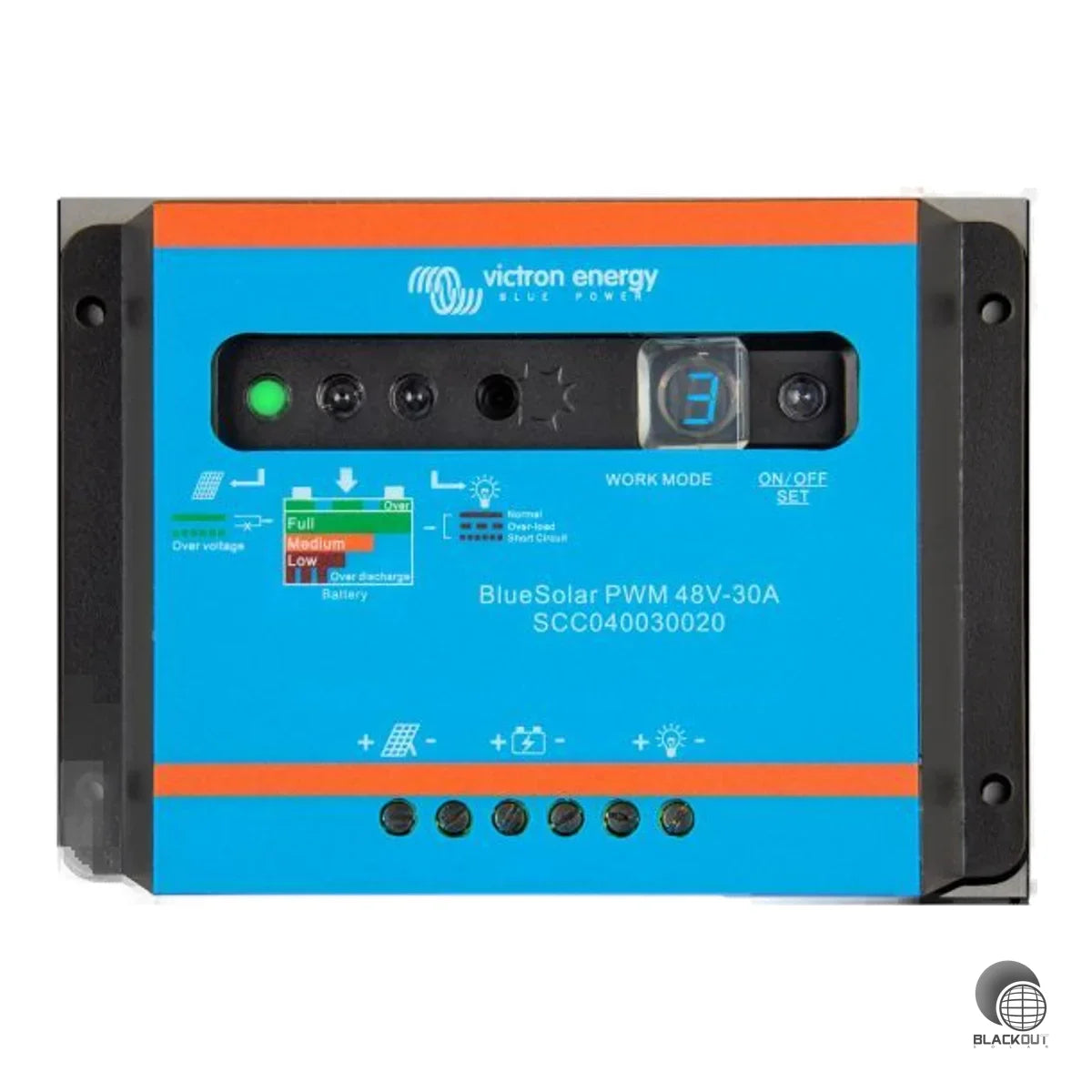 PWM-Solarladeregler für 48-V-Inselsysteme mit 30 A Lade- und Laststrom. Kompakt, programmierbar und mit niedrigem Eigenverbrauch von nur 10 mA.