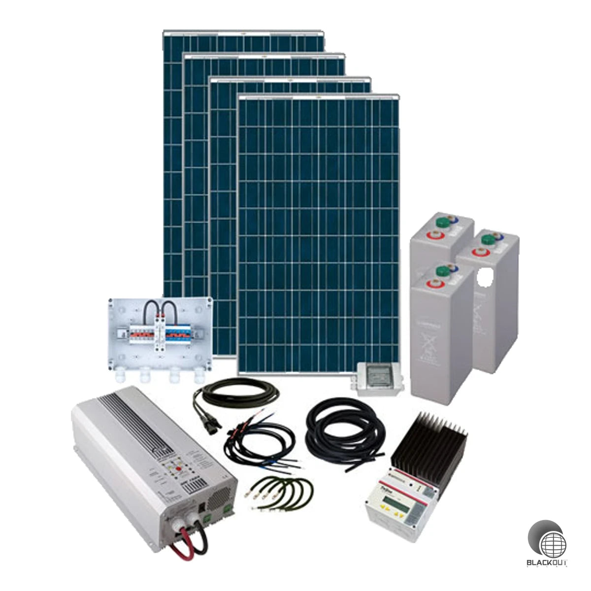 Autarkes Photovoltaik-Komplettpaket mit 2 kWp Leistung und 48V Batteriespeicher für netzunabhängige Stromversorgung. Enthält 9 Solarmodule, MPPT-Laderegler, Wechselrichter, 24 Gel-Batterien und sämtliches Verbindungsmaterial.