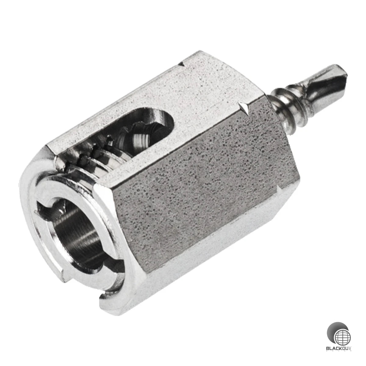 Sichere PV-Modulerdung mit selbstbohrender Schraube zur Befestigung außerhalb der Bohrung. Geeignet für Erdungsleiter von 4 bis 10 mm² (einzel- und doppeladerig).