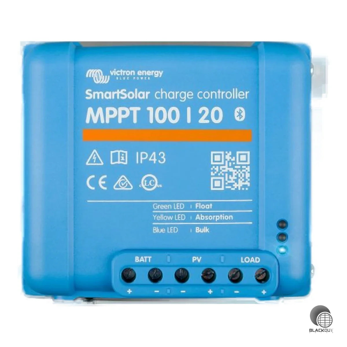 MPPT-Solarladeregler von Victron Energy mit 20 A Ladestrom und bis zu 100 V PV-Eingangsspannung für 12/24/48-V-Systeme. Dank Bluetooth-Konnektivität per App konfigurierbar.