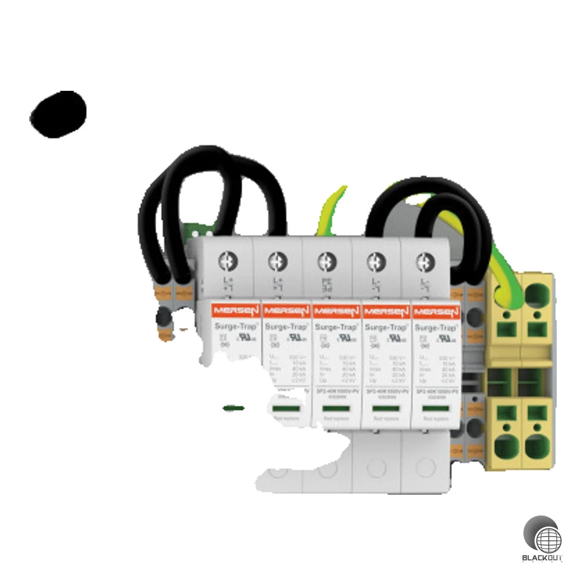 Vorinstallierter DC-Generatoranschlusskasten von Mersen für Photovoltaikanlagen bis 1000V DC mit integriertem Typ-2-Überspannungsschutz — schützt Wechselrichter zuverlässig vor Blitz- und Überspannungen.