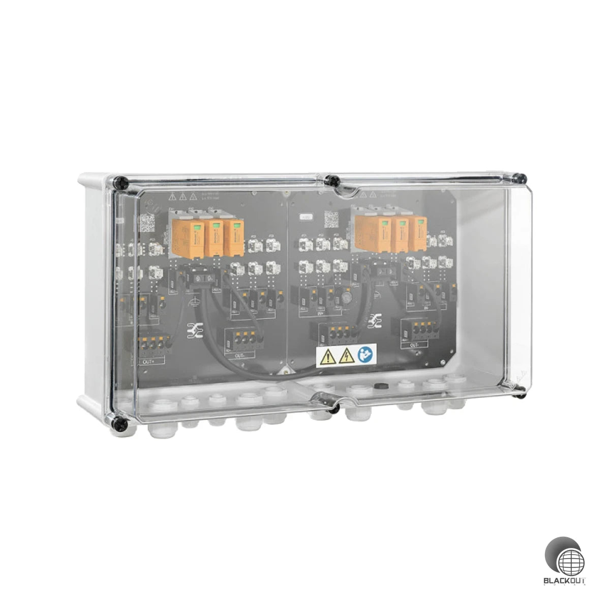 Robuster Generatoranschlusskasten für PV-Anlagen mit 2 MPP-Trackern, je 3 String-Ein- und Ausgängen sowie integriertem Überspannungsschutz Typ I+II — zuverlässiger DC-seitiger Schutz für gewerbliche und größere Aufdachanlagen.