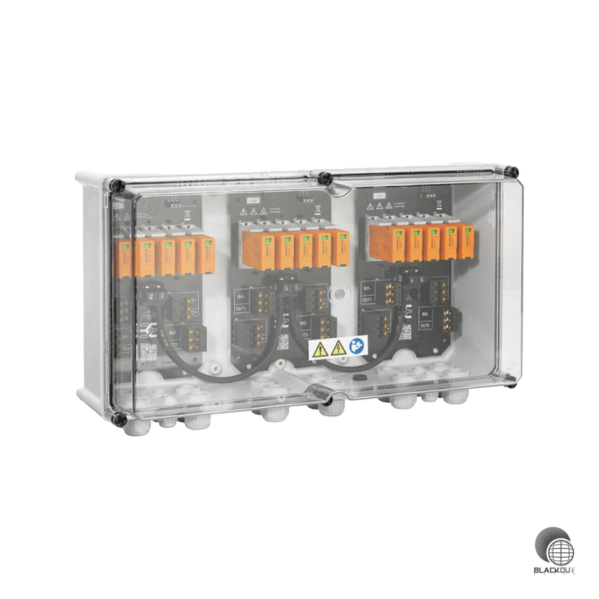 Professioneller DC-Generatoranschlusskasten für PV-Anlagen mit 6 MPP-Trackern, kombinierten Überspannungsableitern Typ I/II und robustem IP65-Kunststoffgehäuse für den geschützten Außenbereich.