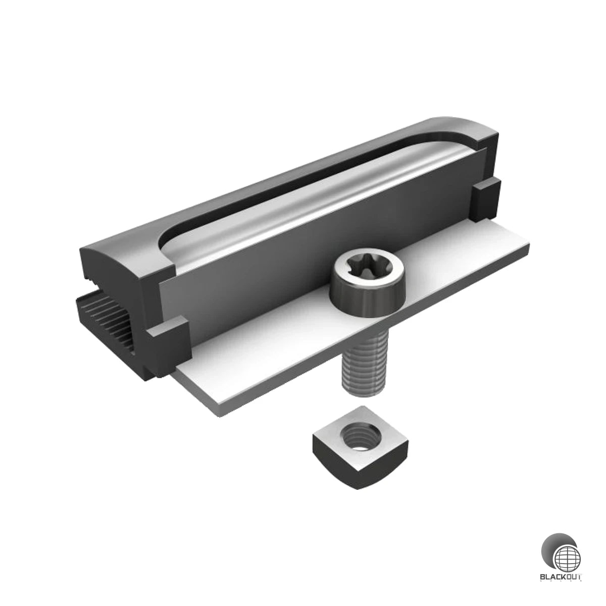 Endklemme von SL Rack zur sicheren Befestigung rahmenloser Laminat-Module auf Montagesystemen – kompakt, leicht und speziell für glasgedeckte PV-Module entwickelt.